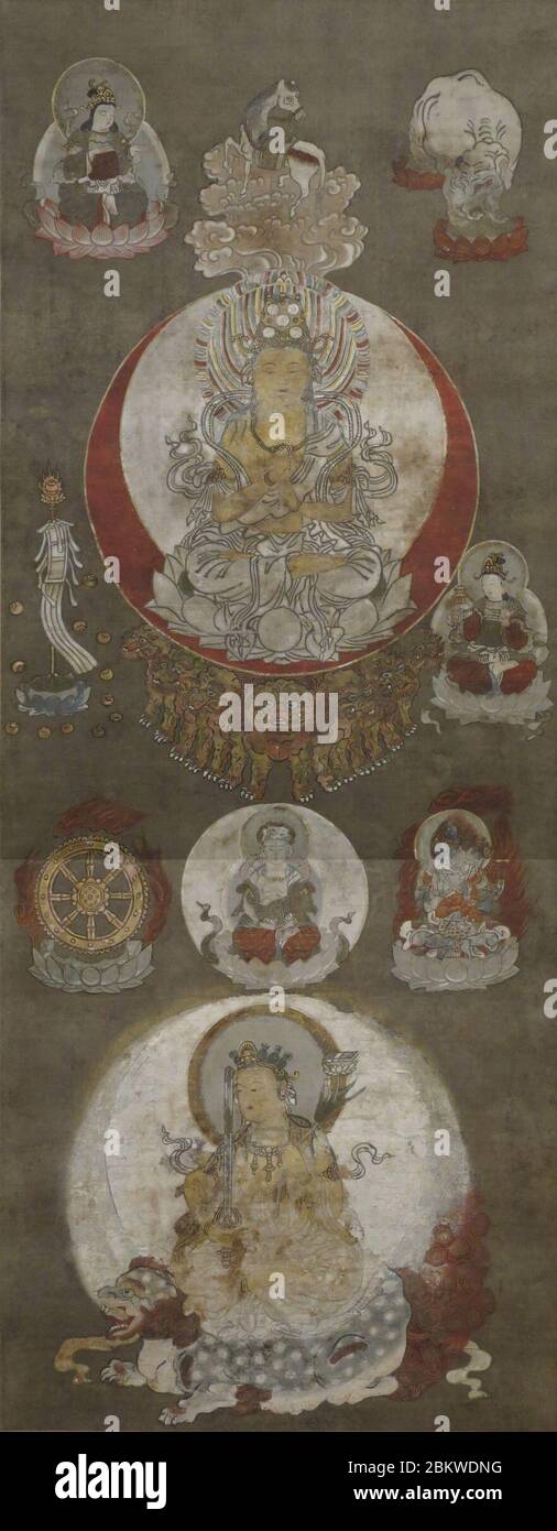 Ichiji Kinrin (One World Wheel King) and the Bodhisattva Monju, Muromachi period, 15th century, ink, colors and gold on silk, HMA 2112.1. Stock Photo