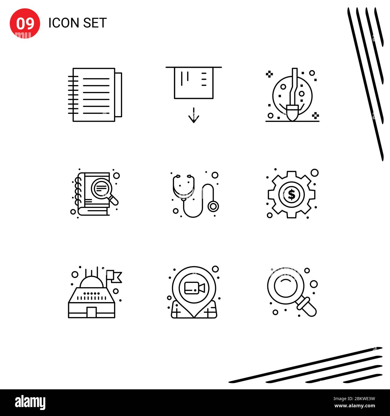 User Interface Pack of 9 Basic Outlines of medicine, doctor, fly, seo, development Editable Vector Design Elements Stock Vector