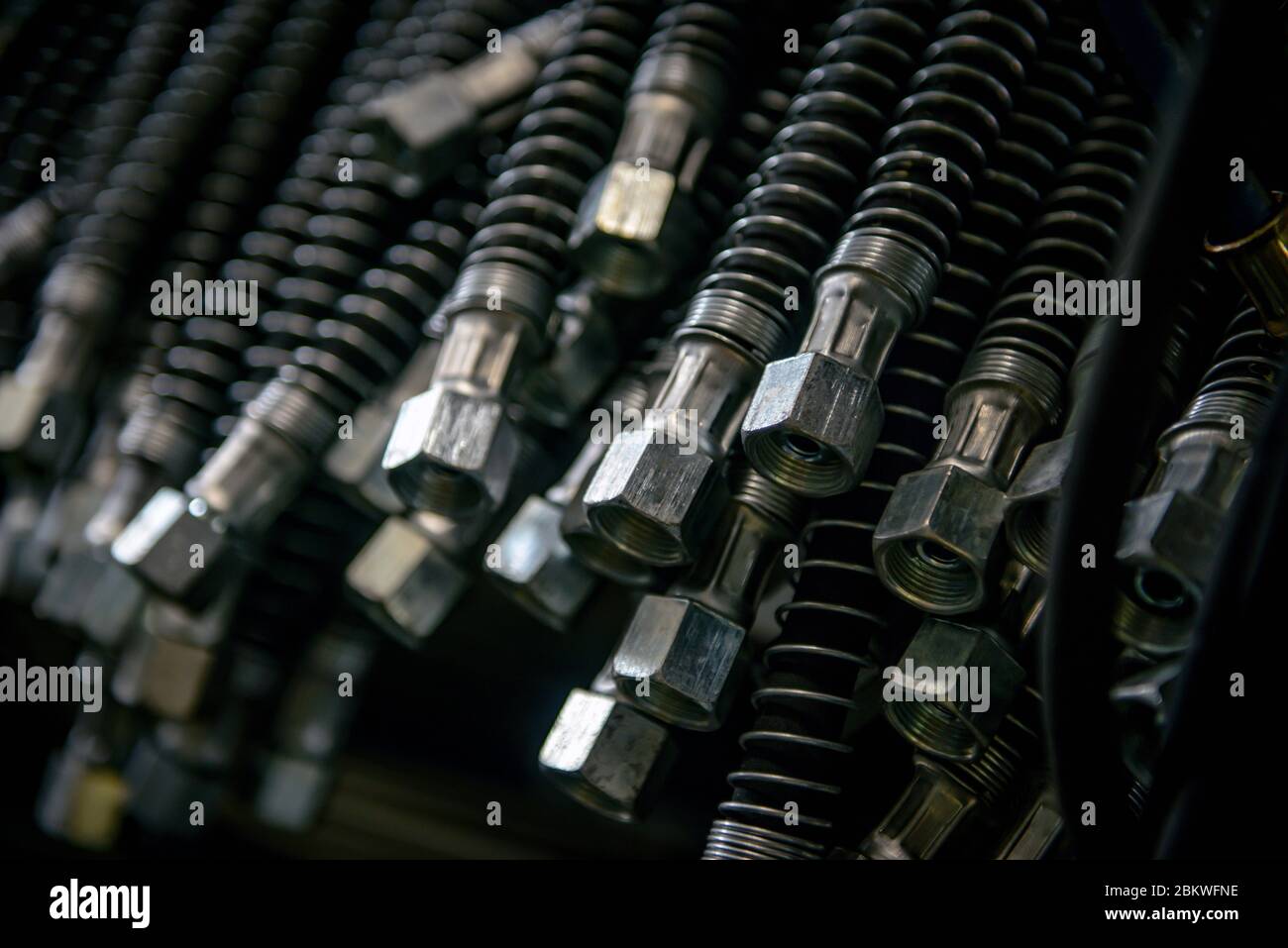 Stock of spare parts for cars. Air brake hoses. Hydraulic metal hose ends Stock Photo Alamy