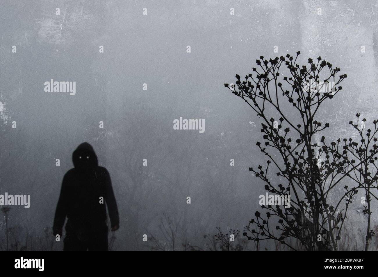 A mysterious spooky hooded figure with glowing eyes standing in a ...