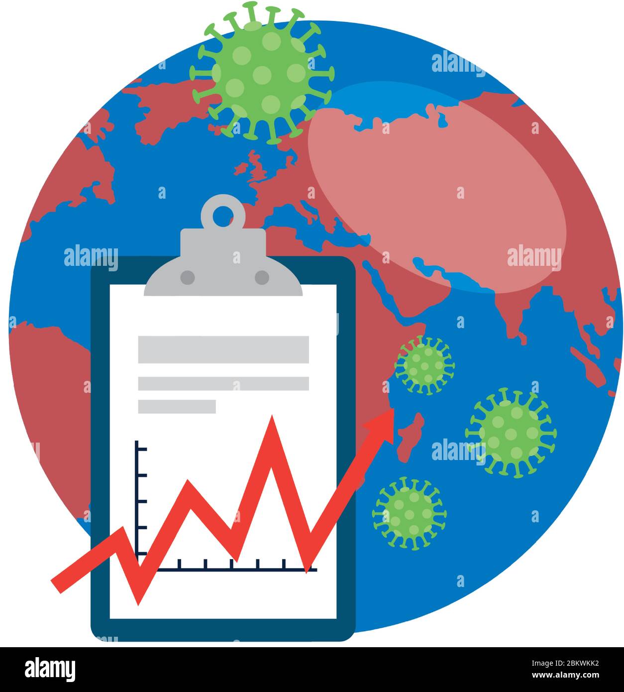 planet earth with covid19 particles and statistics arrows in clipboard ...