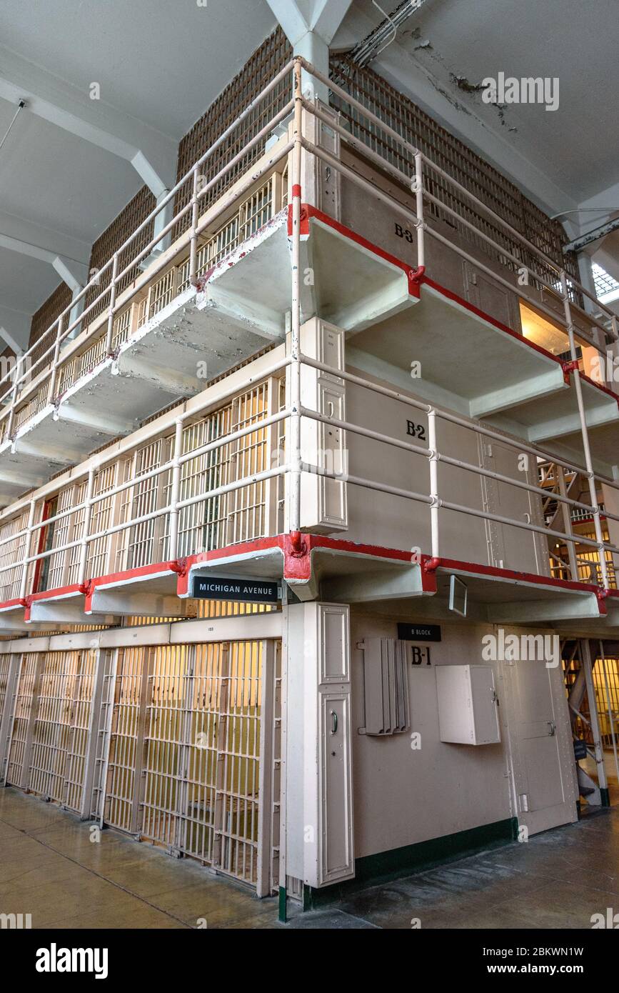 The B Block of prison cells at Alcatraz Federal Penitentiary, known as
