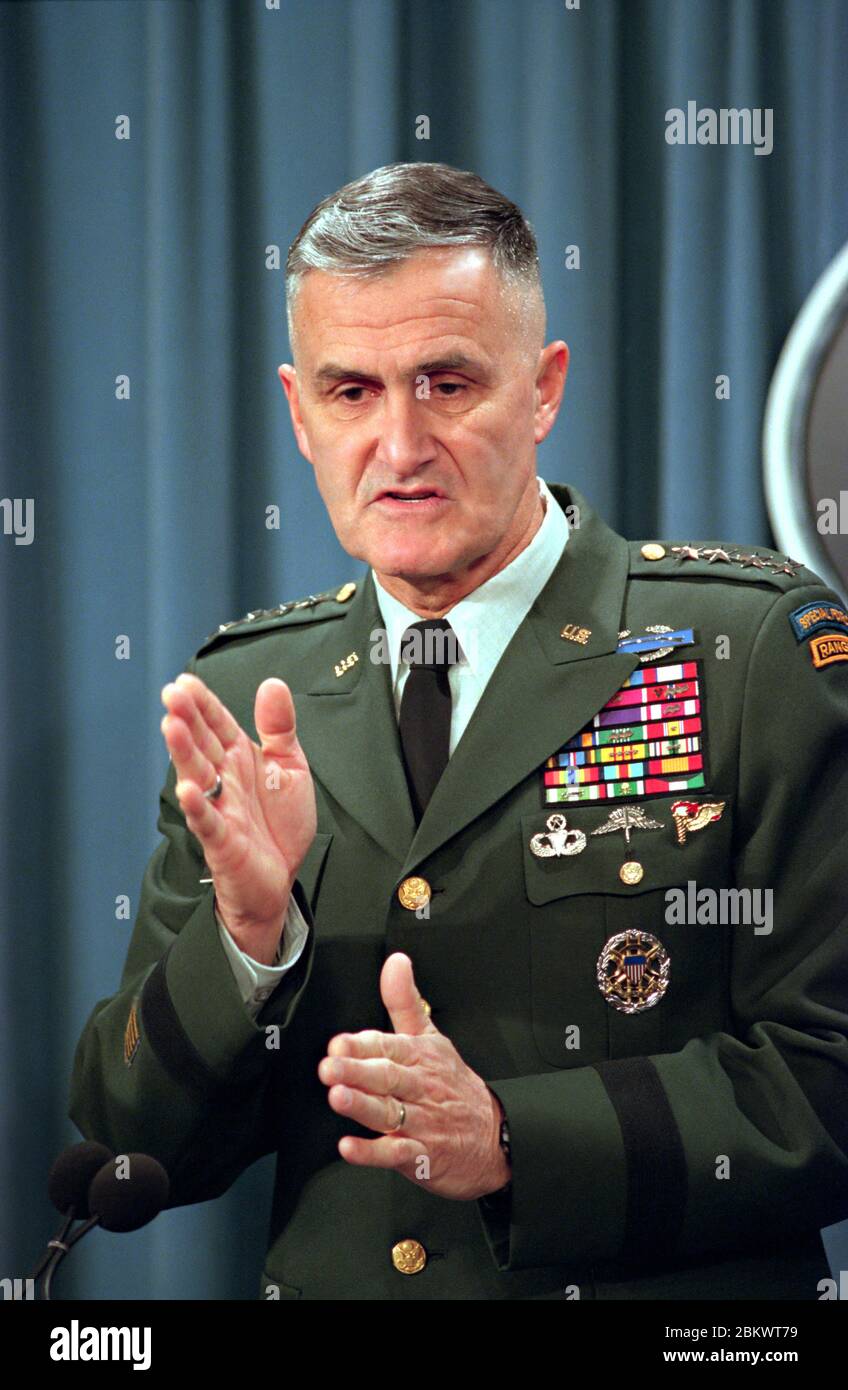 U.S. Joint Chief of Staff General Hugh Shelton, briefs reporters on the progress of operation Desert Fox, a joint U.S and British attack on targets in Iraq at the Pentagon December 17, 1998 in Washington, D.C. The operation was a four-day bombing campaign on Iraqi targets for failure to comply with UN inspections. Stock Photo