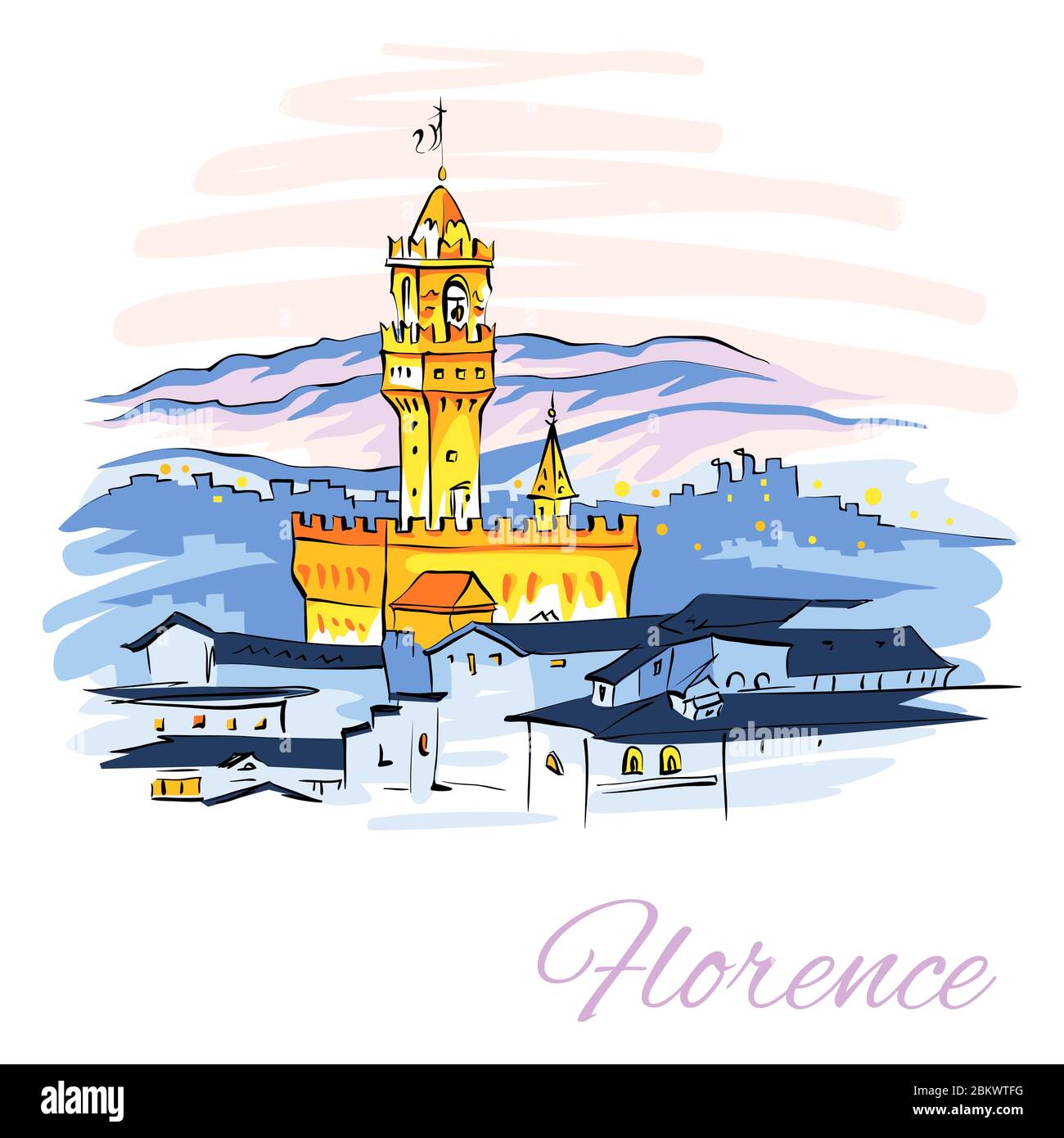 Vector sketch of Famous Arnolfo tower of Palazzo Vecchio on Piazza della Signoria at sunset from Piazzale Michelangelo in Florence, Tuscany, Italy. Stock Vector