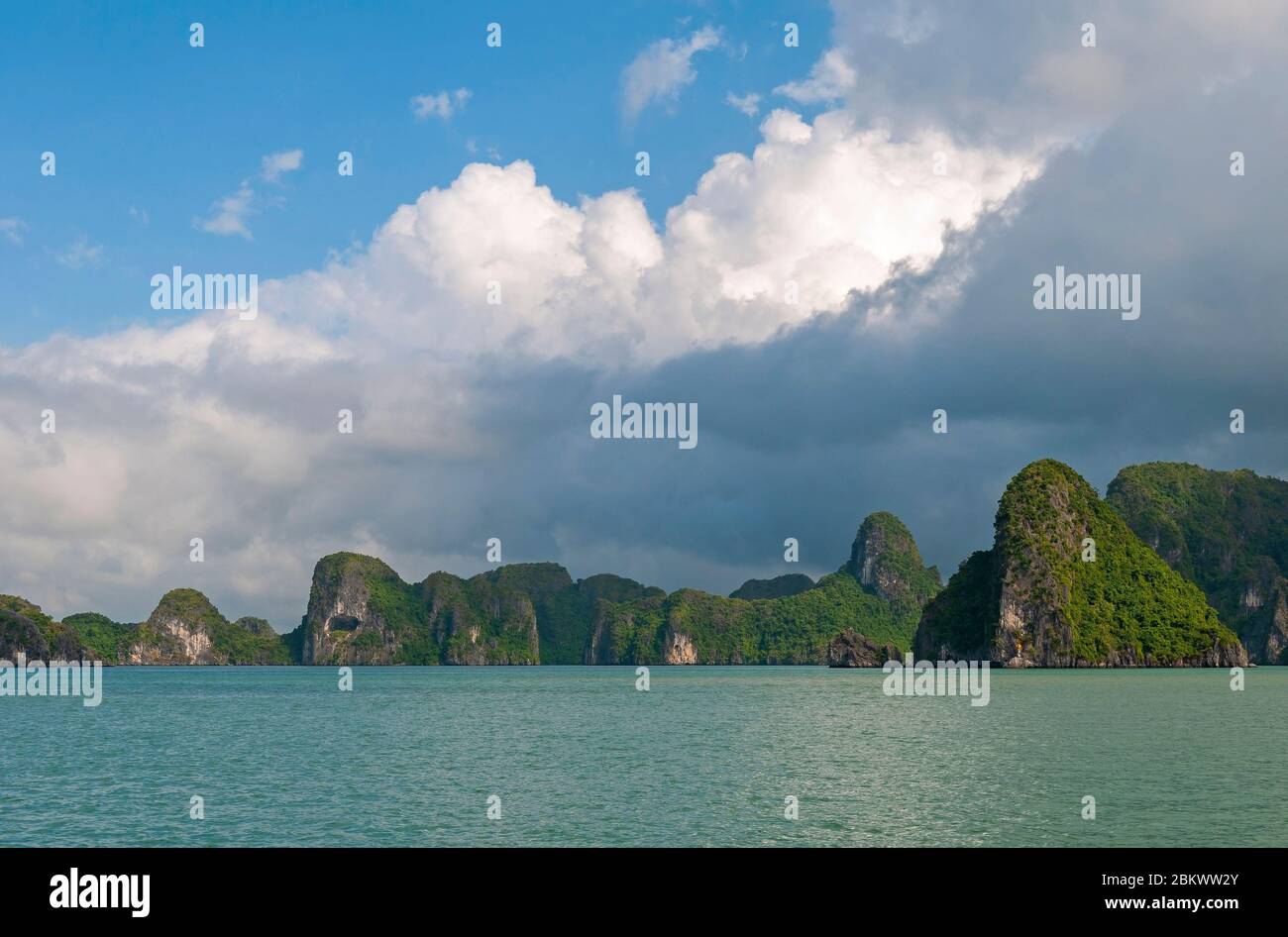 Panorama of the Halong Bay karst with a tunderstorm on the way, South China Sea, North Vietnam. Stock Photo