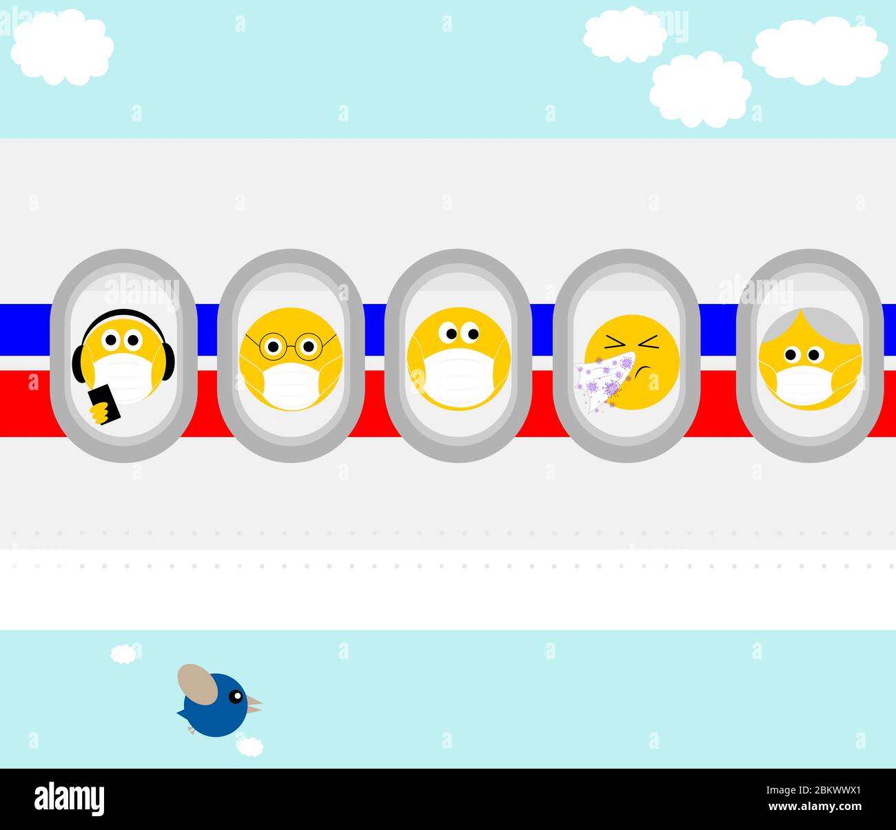 emoji wearing face masks on air plane one without face mask sneezing