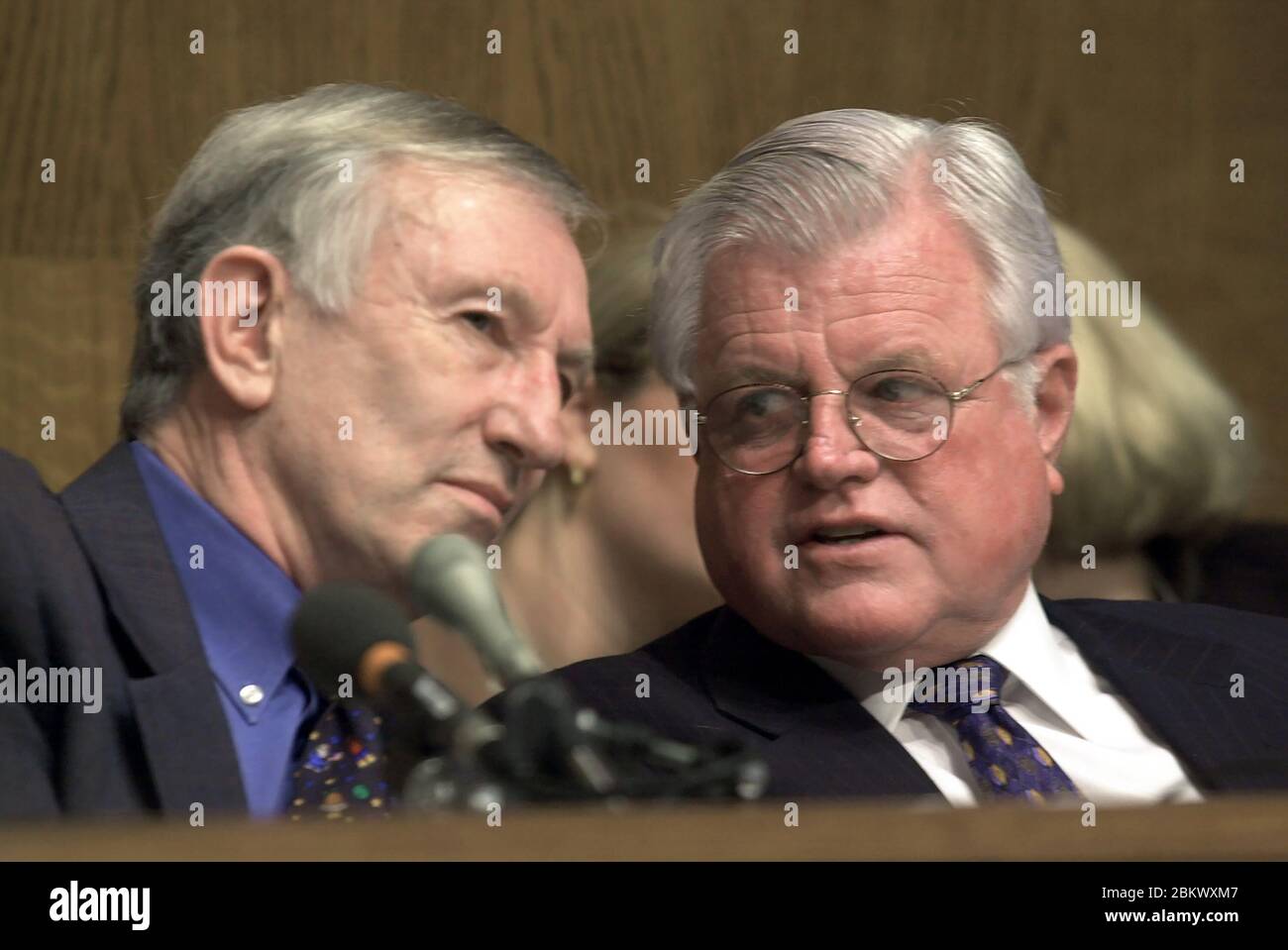 In this file photo from January 10, 2001, United States Senator James Jeffords (Republican of Vermont) and US Senator Ted Kennedy (Democrat of Massachusetts) discuss the confirmation of Rod Paige as Secretary of Education before the Senate Health, Education, Labor, and Pensions Committee.  Jeffords is rumored to be considering changing his party affiliation from Republican to Democrat which would result in the Democrats taking control of the Senate.  According to reports, Senator Kennedy has agreed to allow Jeffords to continue as committee chairman as part of the deal.Credit:  Ron Sachs / CNP Stock Photo