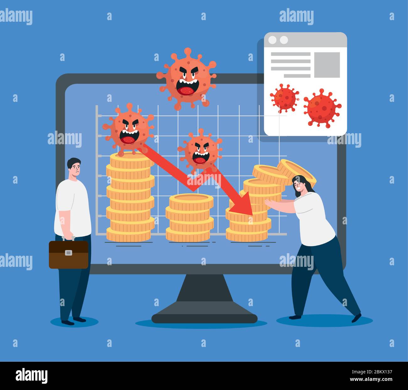couple and computer with icons of economic impact by covid 2019 Stock