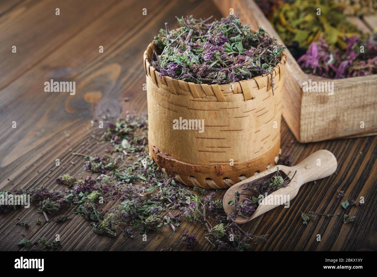 Wooden bowl of dry wild Marjoram or Origanum vulgare plants, wooden crate of medicinal herbs on background. Stock Photo