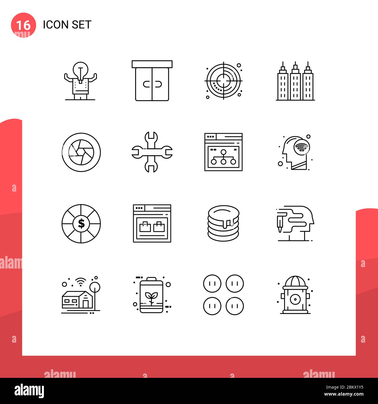 Pictogram Set of 16 Simple Outlines of logo, aperture, interior, tower, building Editable Vector Design Elements Stock Vector