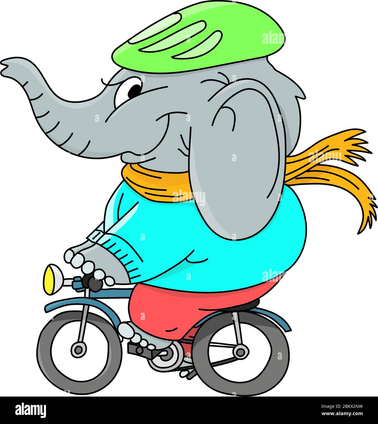 Cartoon elephant wearing a hat and a scarf riding a bicycle vector illustration Stock Vector
