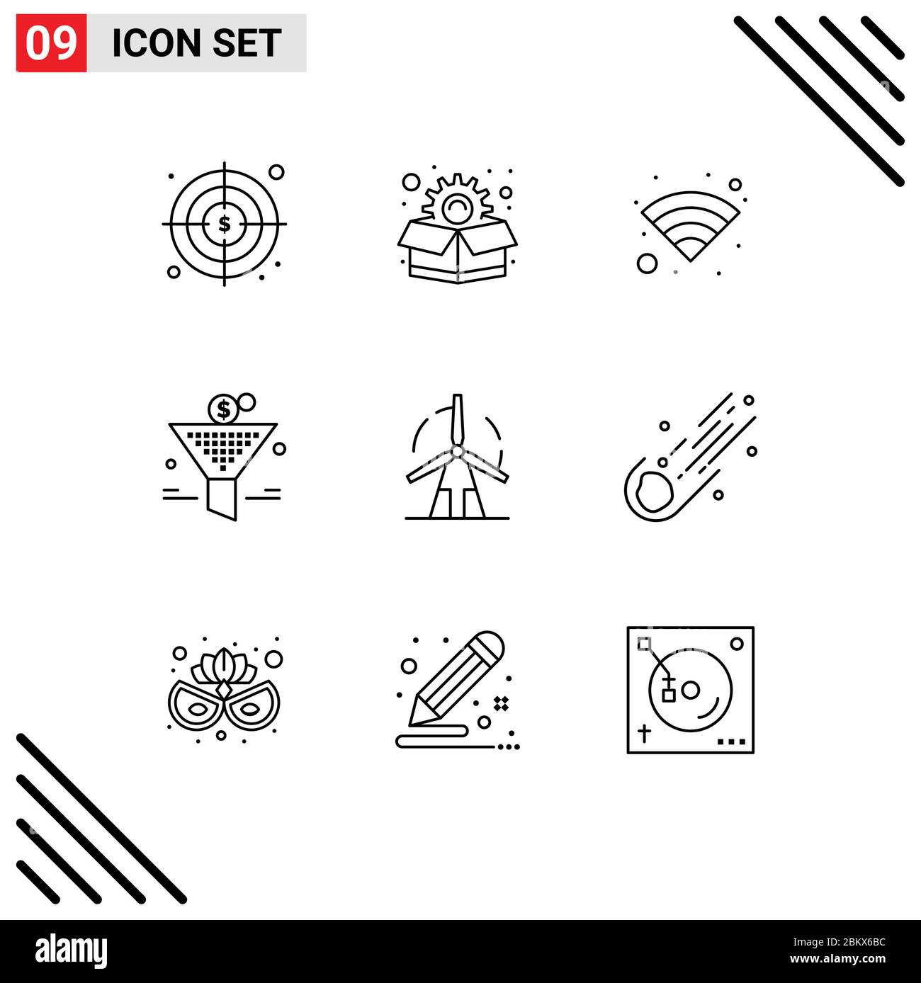 Modern Set of 9 Outlines and symbols such as windmill, green, wireless, energy, return on investment Editable Vector Design Elements Stock Vector
