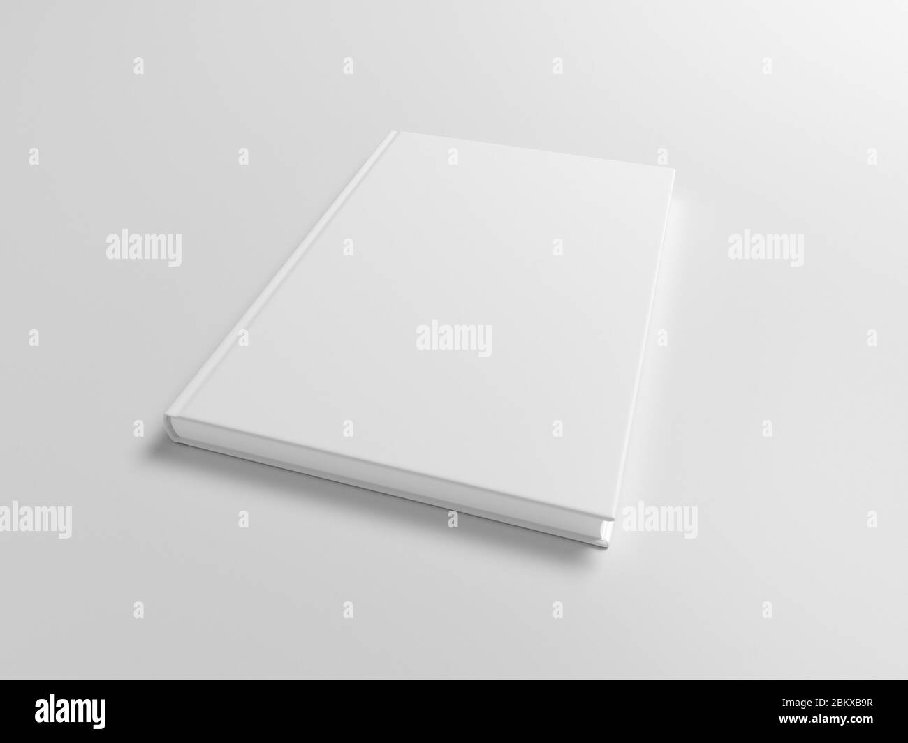 Blank book cover mock up on white background. Wide angle side view in