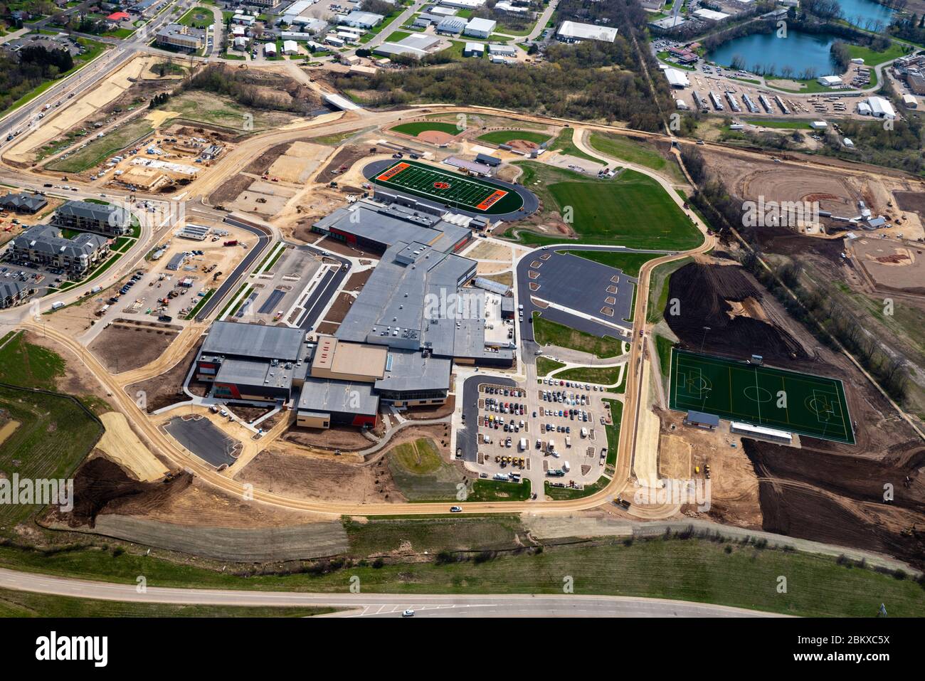 Aerial photograph of the new Verona Area High School, under construction, Wisconsin, USA on a