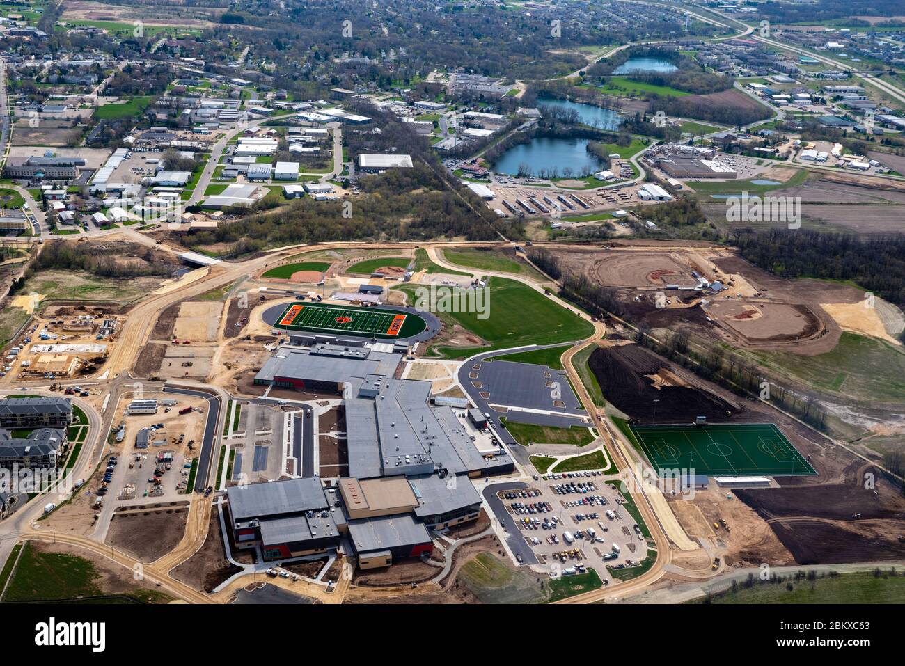 Aerial photograph of the new Verona Area High School, under construction, Wisconsin, USA on a