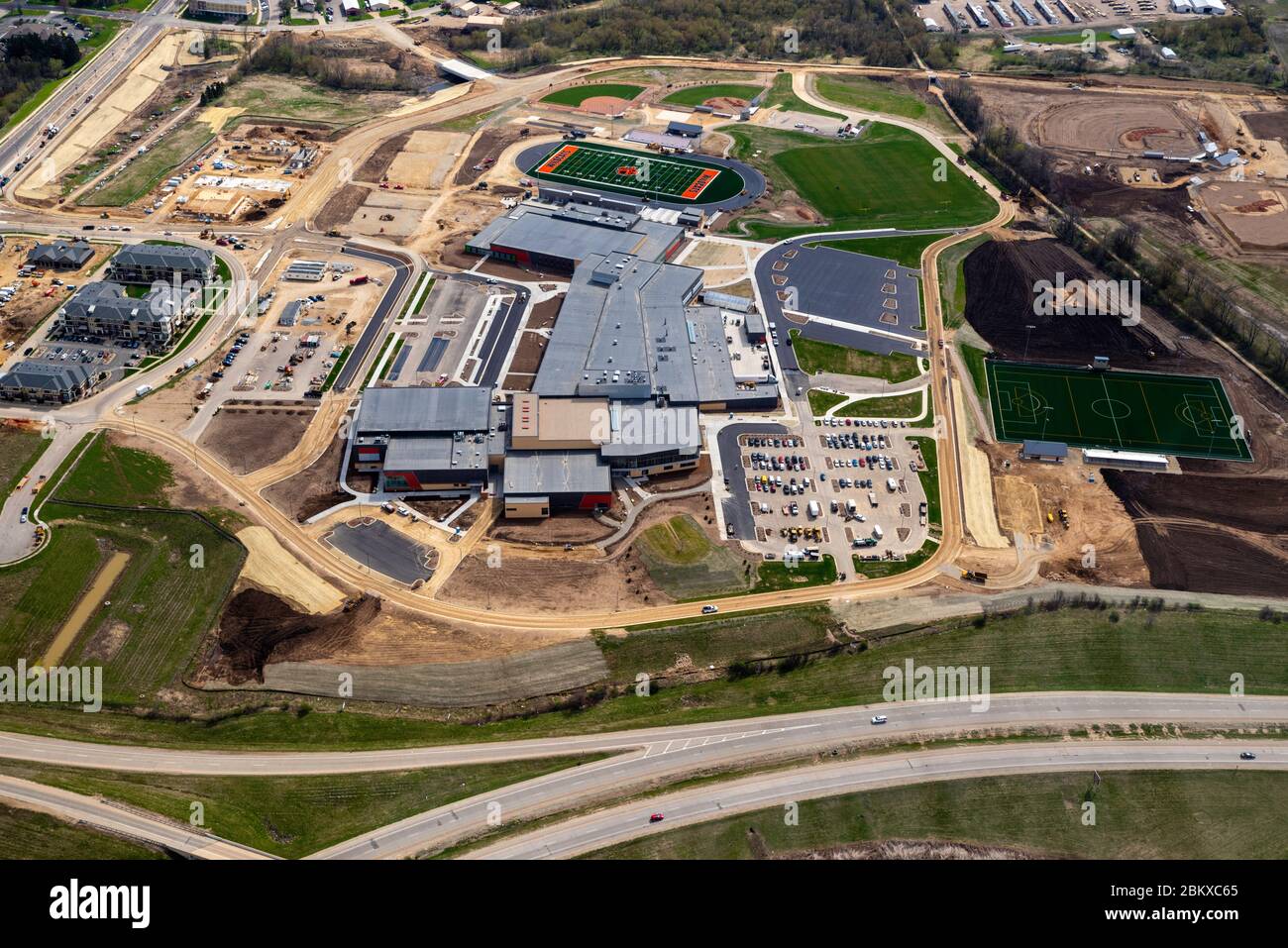 Aerial photograph of the new Verona Area High School, under construction, Wisconsin, USA on a