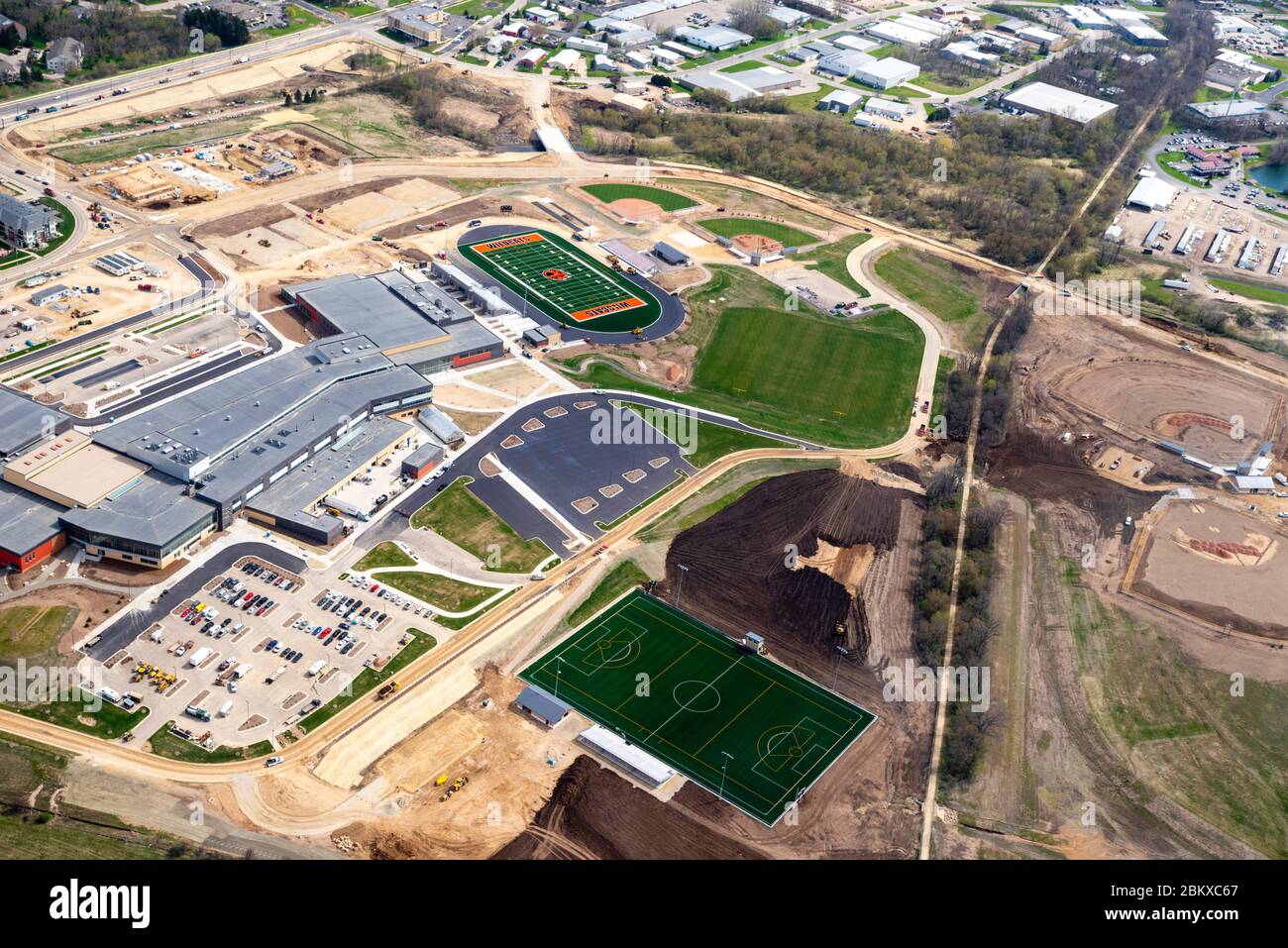 Aerial photograph of the new Verona Area High School, under construction, Wisconsin, USA on a