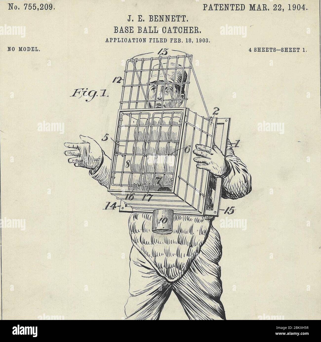Illustration of 1904 patent for catcher protector. Stock Photo