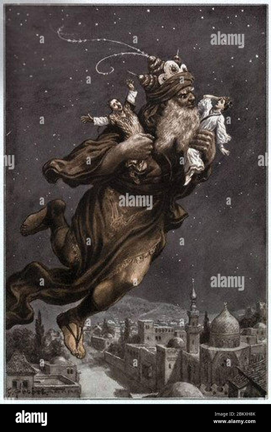 Illustration of Aladdin Flying Away with Two People from the Arabian Nights. Stock Photo