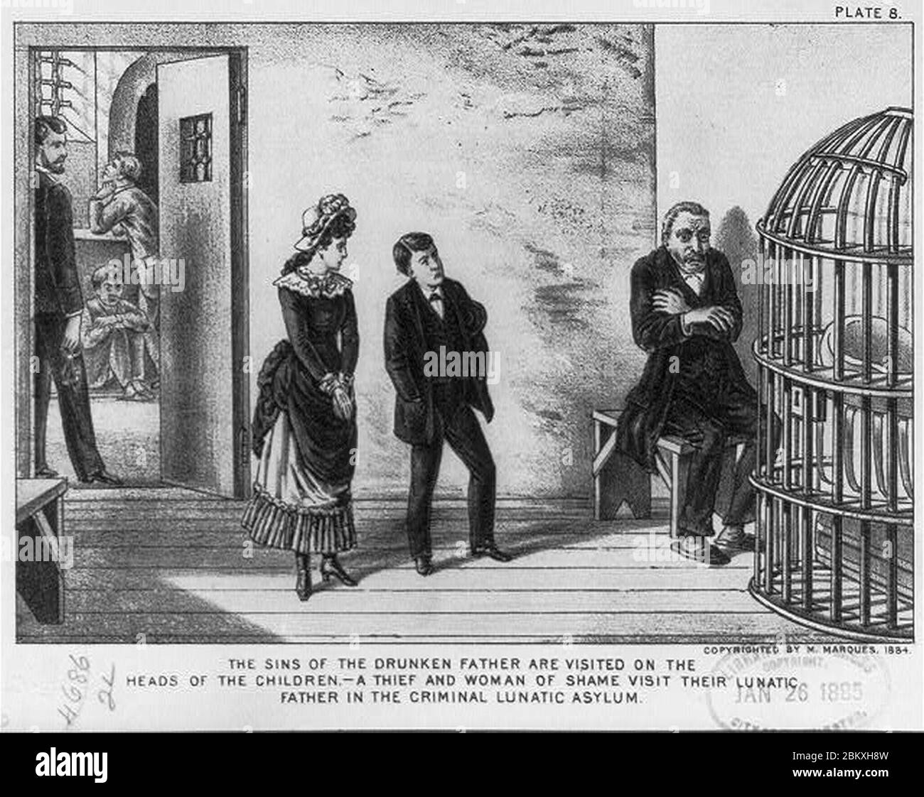 Illustration of the dangers of alcoholic beverages)- The sins of the drunken father are visited on the heads of the children - a thief and woman of shame visit their lunatic father in the Stock Photo