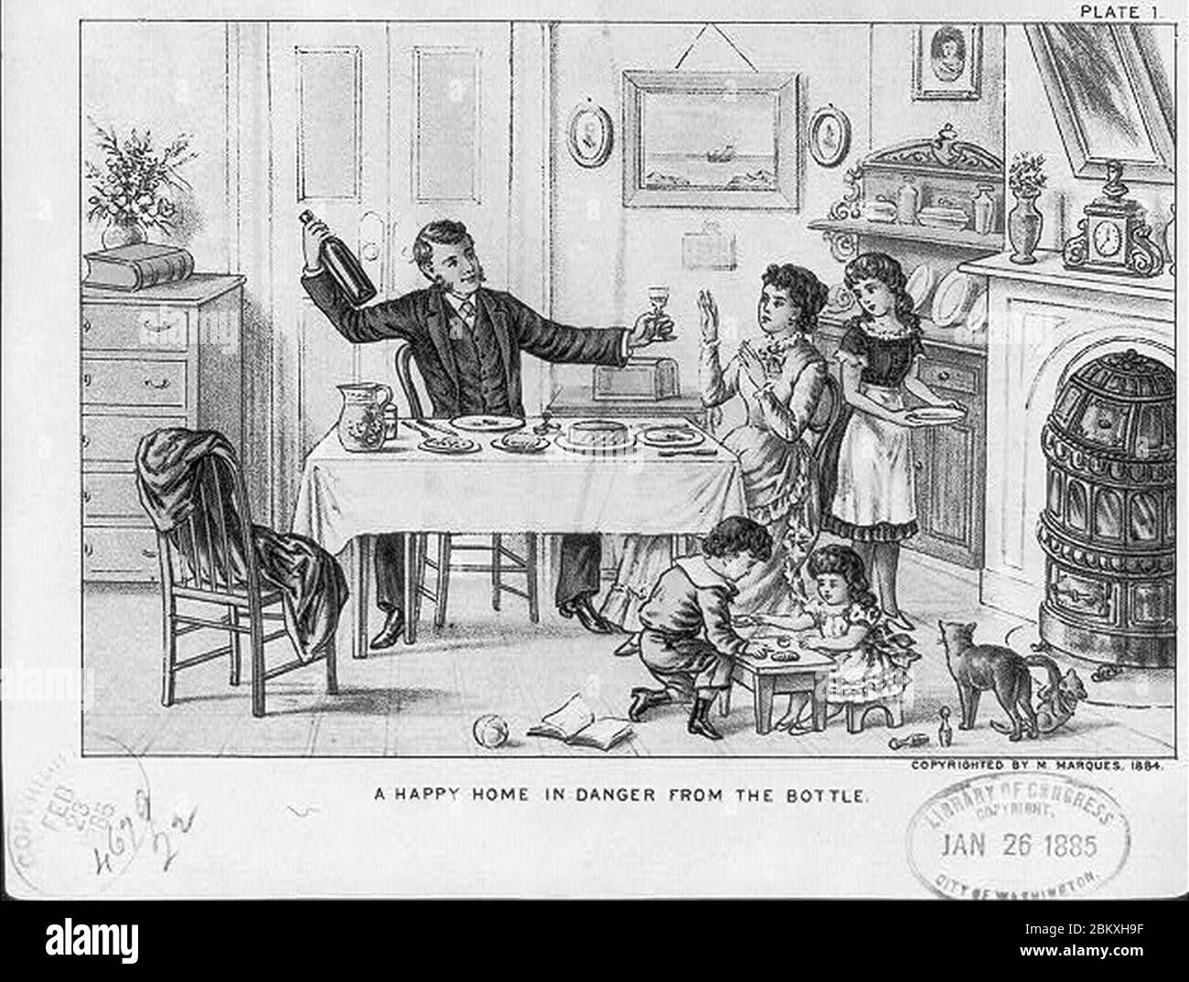 Illustration of the dangers of alcoholic beverages)- A happy home in danger from the bottle pl. 1 Stock Photo