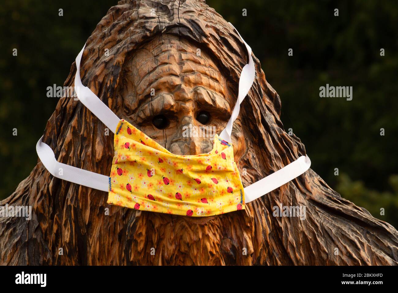 Bigfoot carving with facemask, Mill City, Oregon Stock Photo