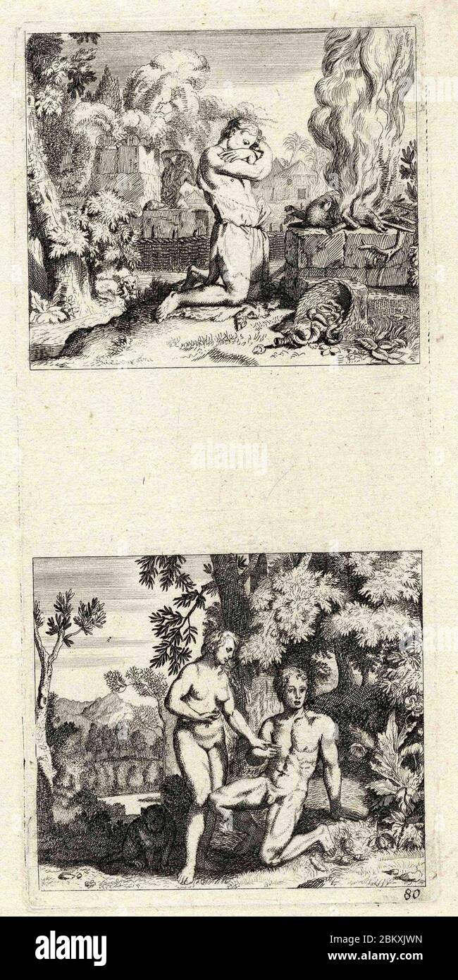 Illustrationen zum Alten Testament (Abel vor dem Opfer kniend; Adam und Eva vor dem Baum der Erkenntnis) ubs G 0853 II. Stock Photo