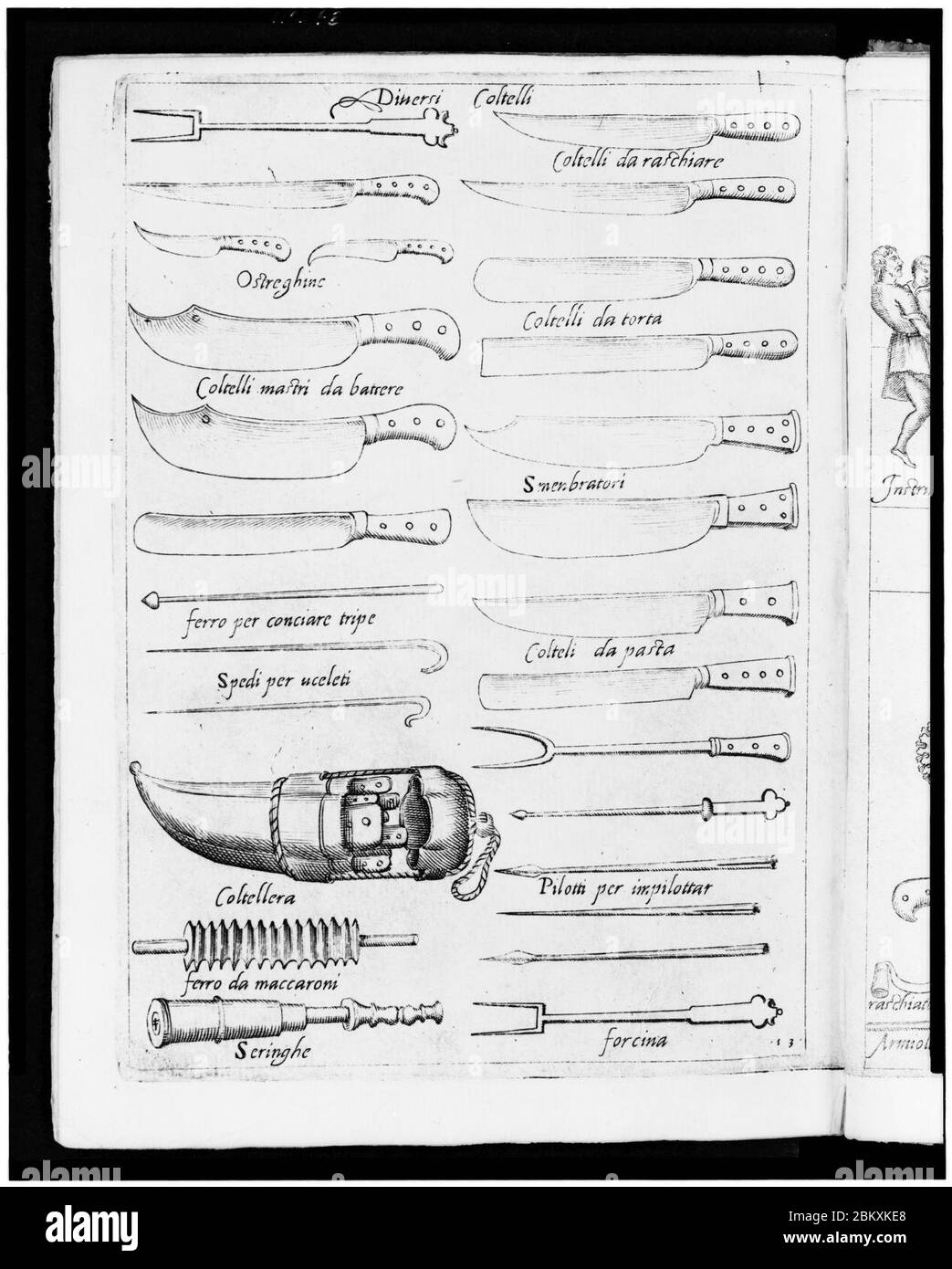 Illustrations of 16th century knives, forks, and other utensils Stock