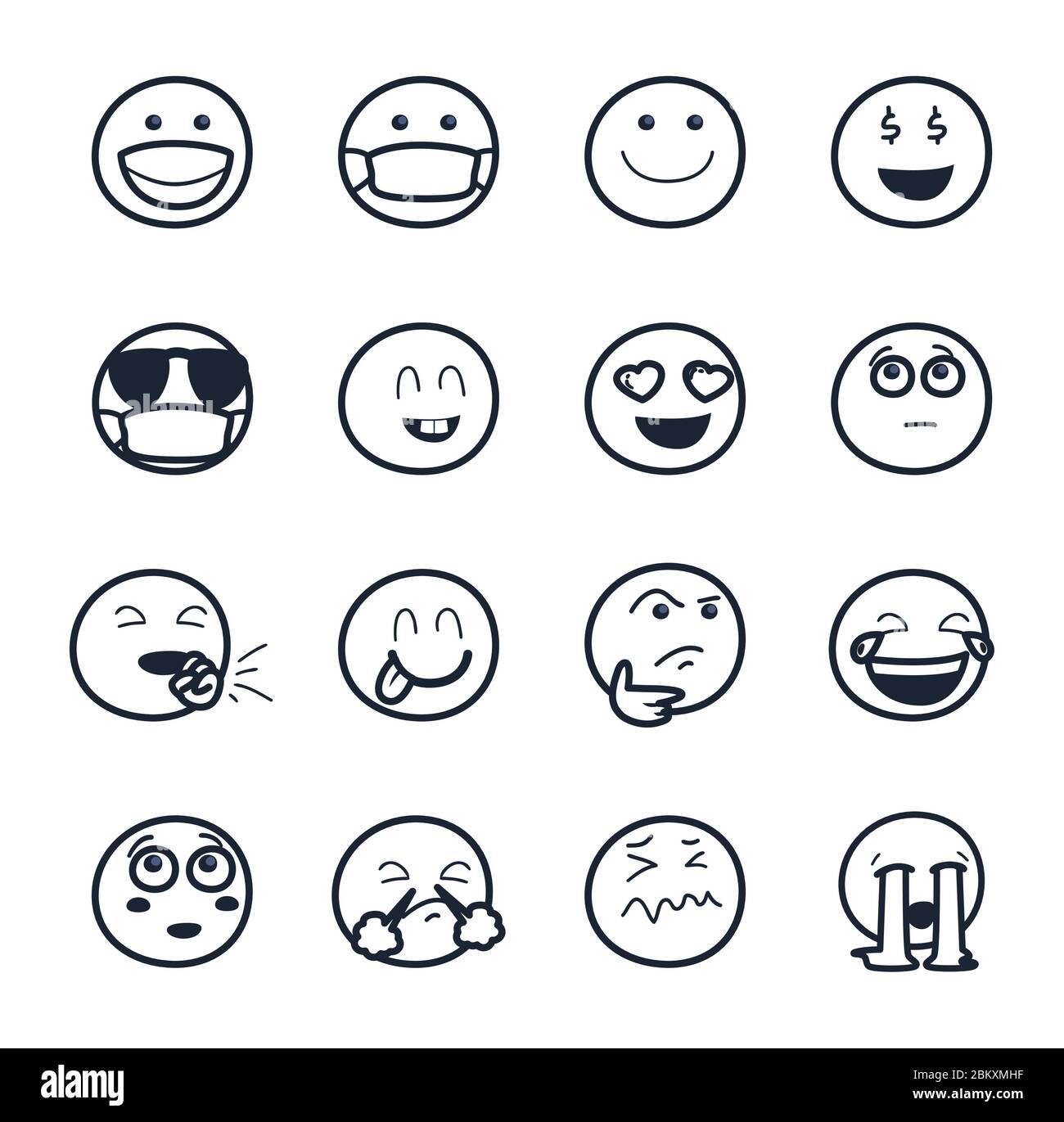 Emojis faces line style icon set design, Cartoon expression emoticon