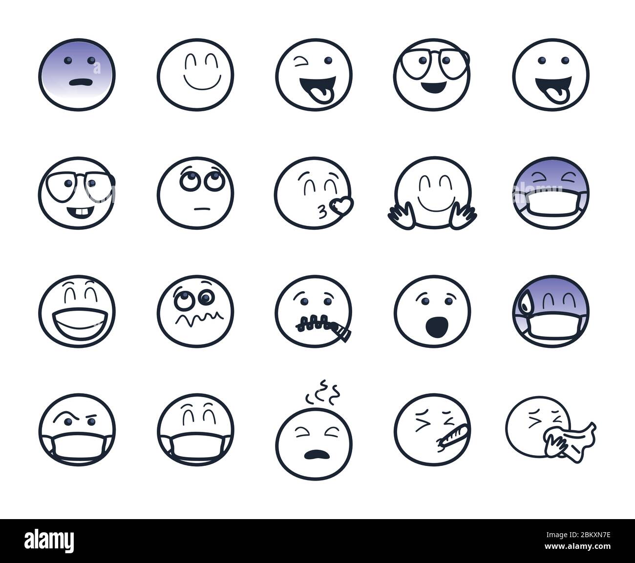 Emojis faces line style icon set design, Cartoon expression emoticon and social media theme Vector illustration Stock Vector