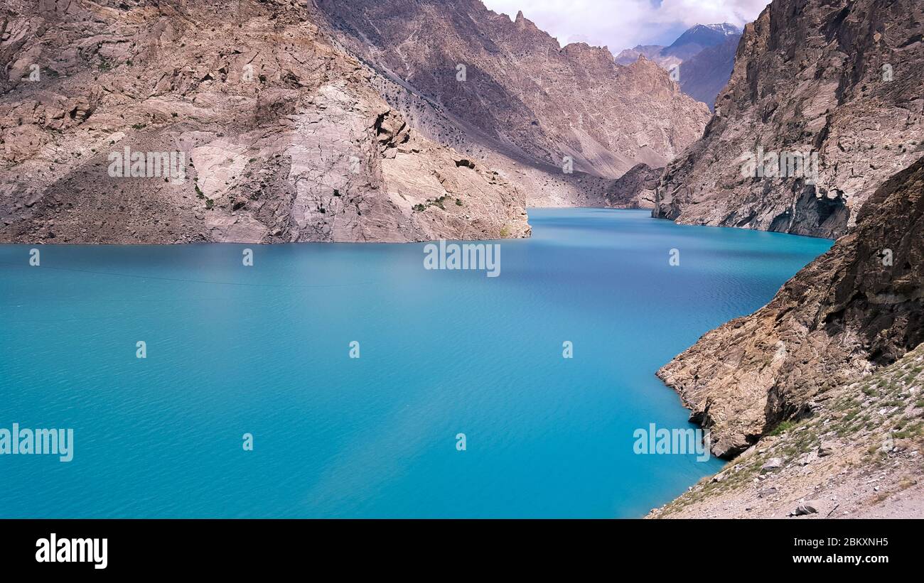 Beautiful tourist place and blue water lake, Attabad lake in gilgit baltistan, Pakistan Stock Photo