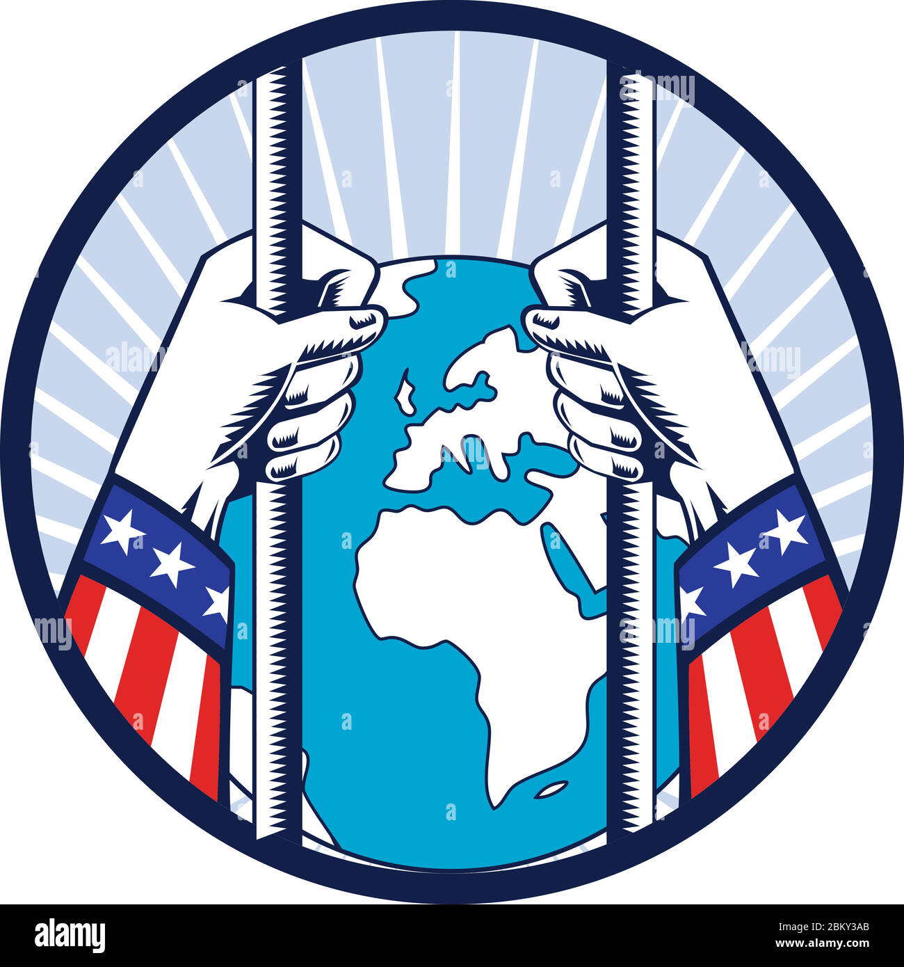 Retro woodcut style illustration of concept of United States of America in total lockdown and isolated from the world showing hands holding prison bar Stock Vector