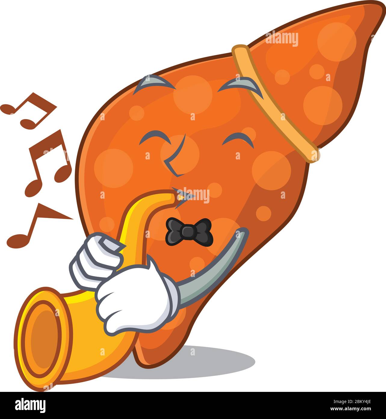 Talented musician of human hepatic liver cartoon design playing a trumpet Stock Vector