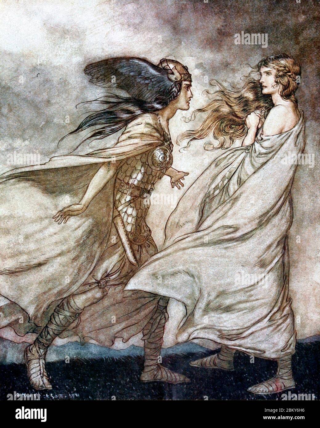 Brunnhilde is visited by her Valkyrie sister Waltraute (Arthur Rackham, 1912) - 'The ring upon thy hand— / ... ah, be implored! / For Wotan fling it away!' Stock Photo