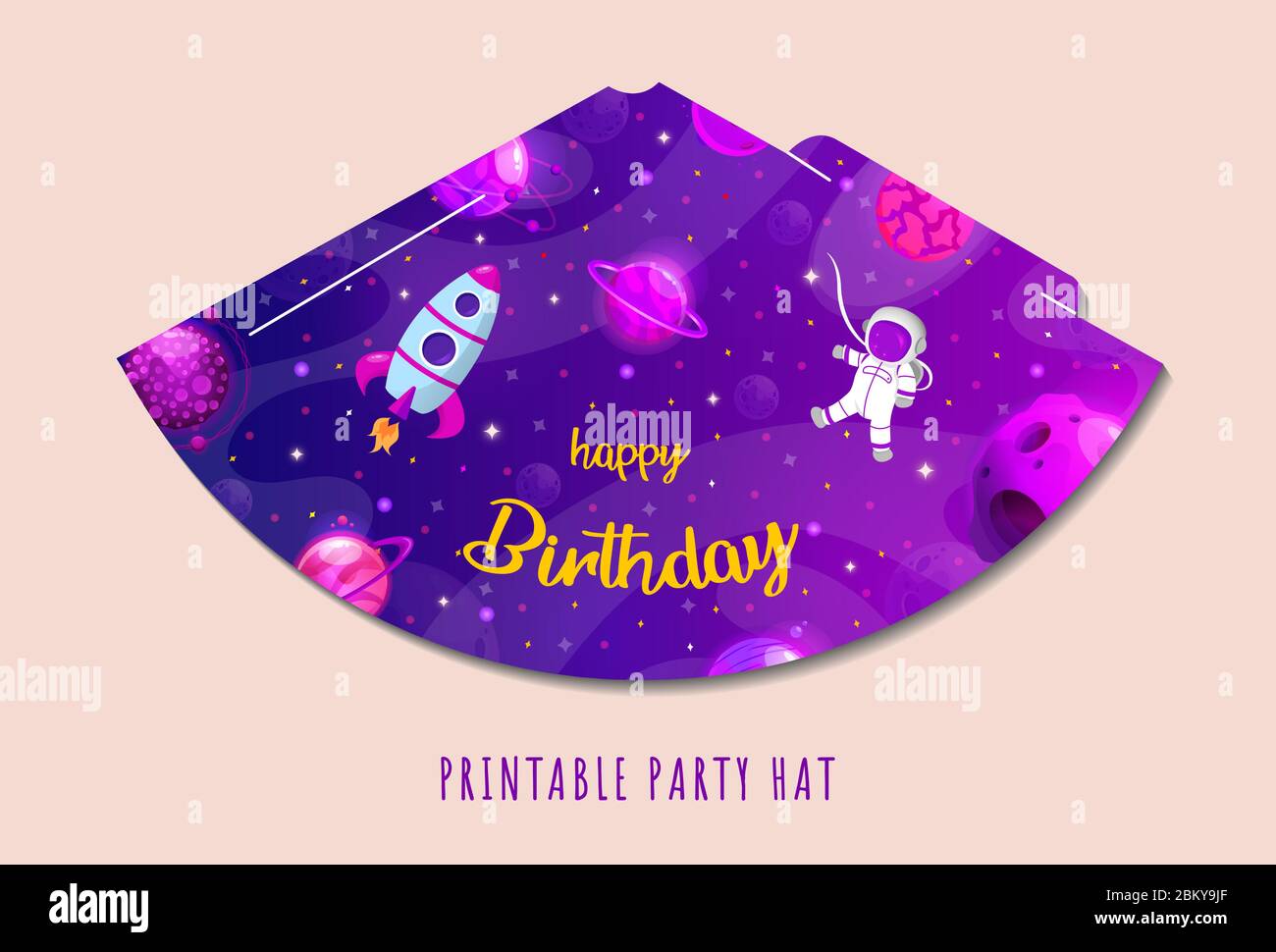 Party hats printable. Space party. Print and cut. Happy birthday elements. Vector set of cones template to head for holiday. Stock Vector