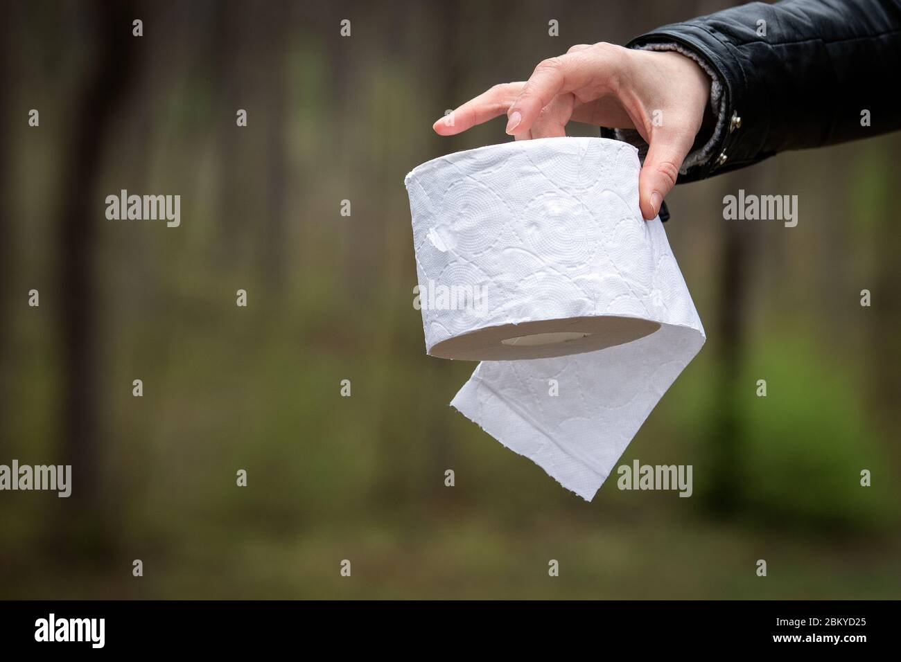 Woman's hand holding roll of tissue paper. Hygiene, cleanliness and ecology concept. Green forest in the background Stock Photo