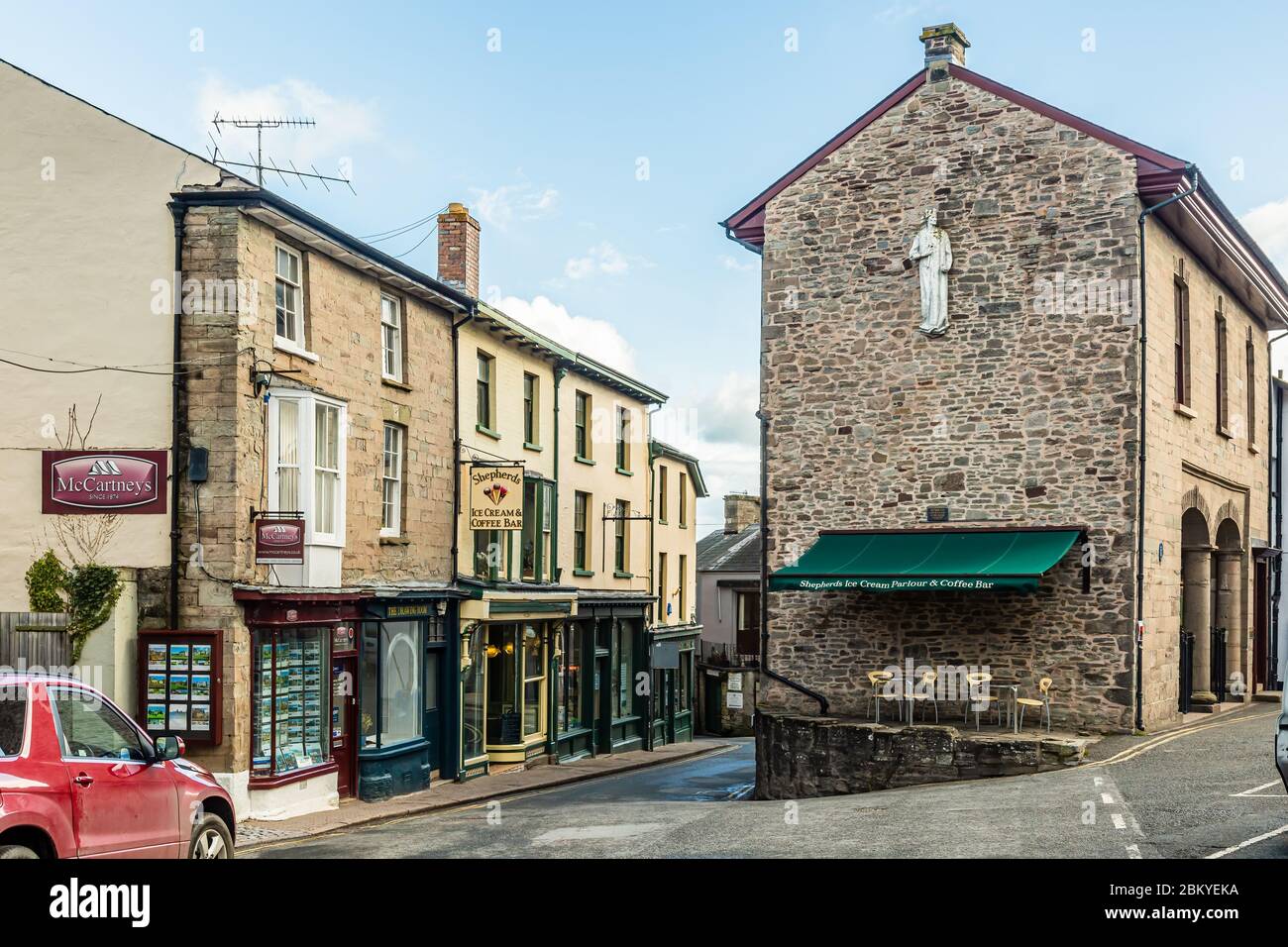 Hay-on-Wye, UK, April 2, 2019: Castle Street with the Town Hall on the right. Stock Photo