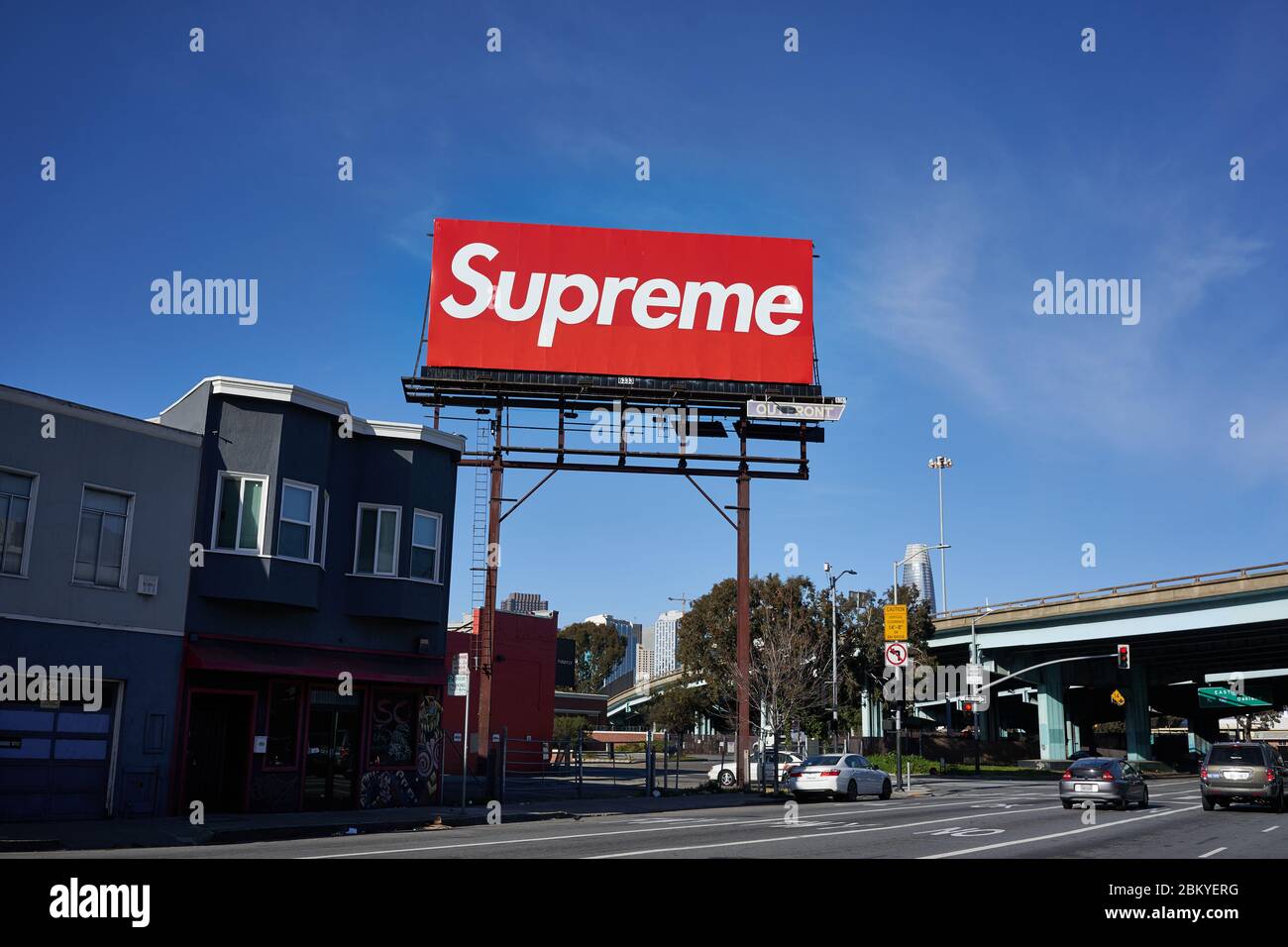 American skateboarding shop and clothing brand Supreme's billboard is seen in the SoMa neighborhood of San Francisco, California. Stock Photo