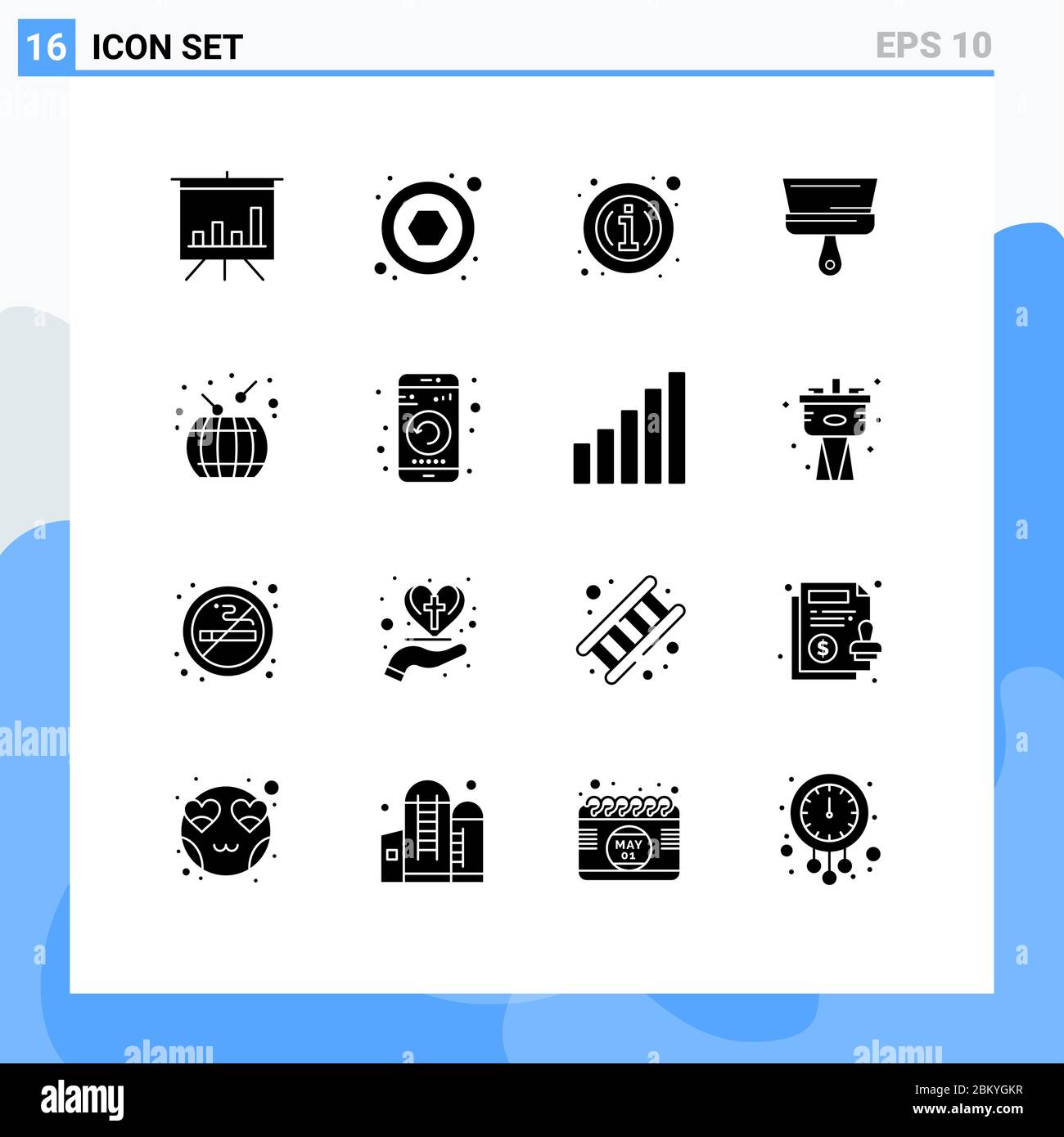 Pictogram Set of 16 Simple Solid Glyphs of drum, china, details 