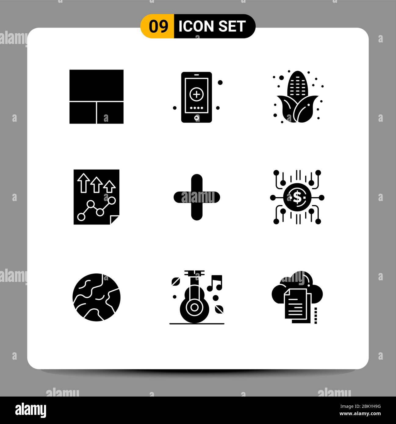 9 User Interface Solid Glyph Pack of modern Signs and Symbols of plus, add, corn, report, page Editable Vector Design Elements Stock Vector