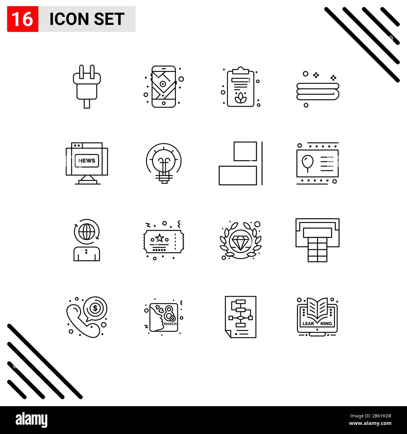 Pictogram Set of 16 Simple Outlines of journal, communications, route, towel, clean Editable Vector Design Elements Stock Vector