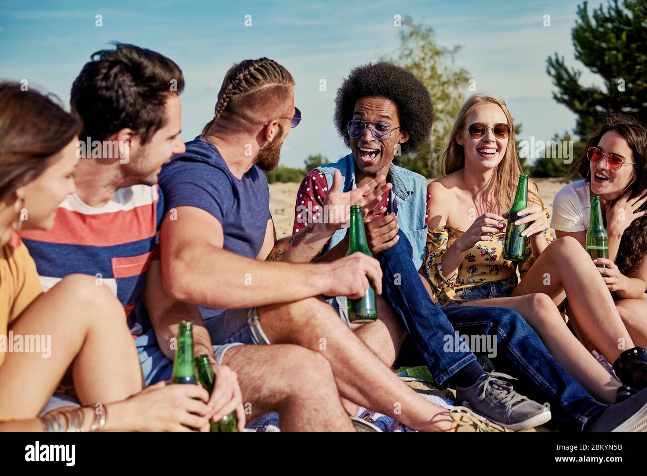 Six young people drinking beer outside Stock Photo Alamy