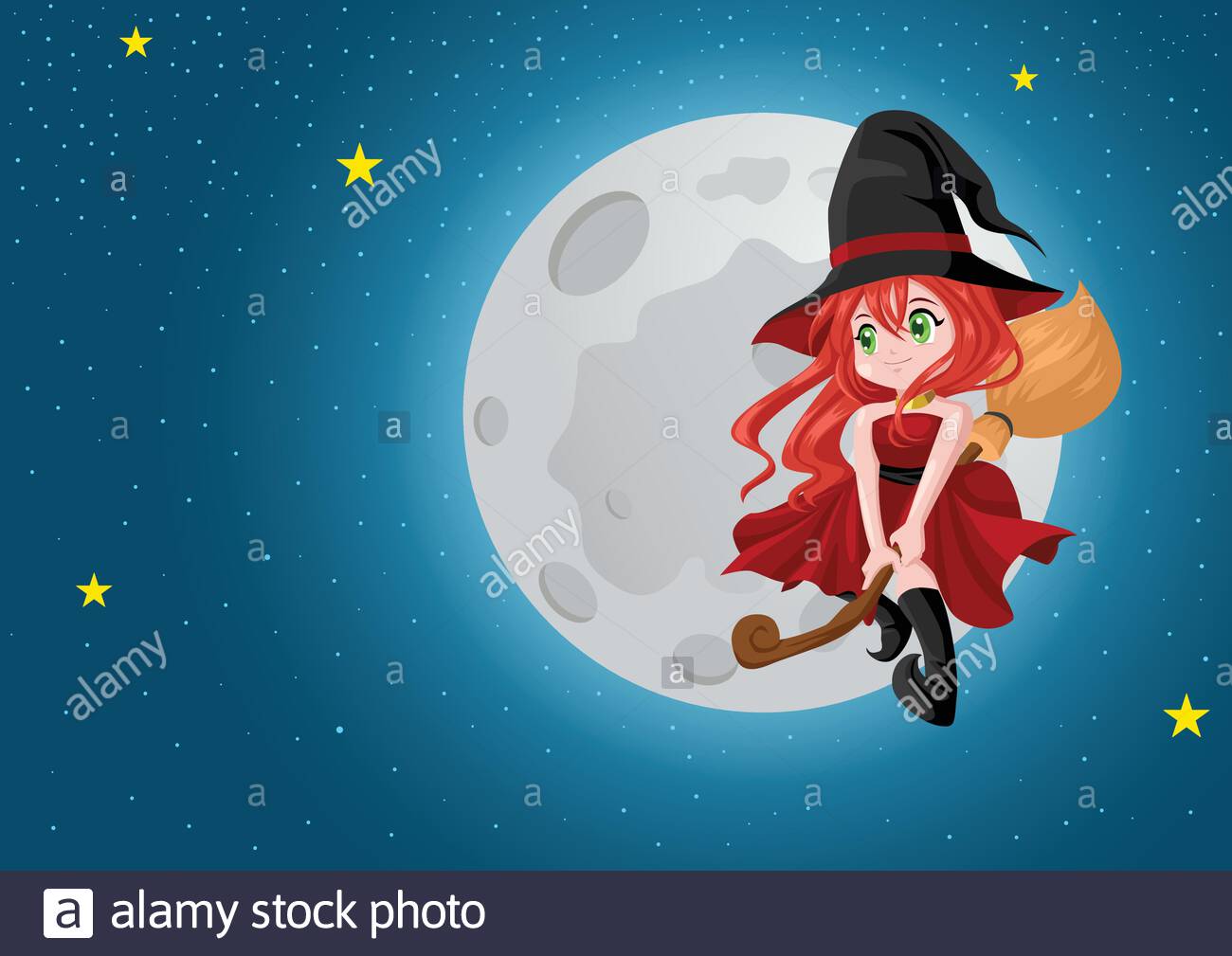 Cute Cartoon Of A Beautiful Witch Flying With Her Broom During Full Moon For Halloween Theme And Concept Stock Vector Image Art Alamy