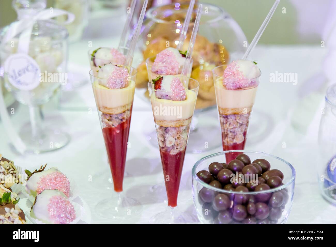 Fresh sweets on a banquet table in the restaurant. Stock Photo