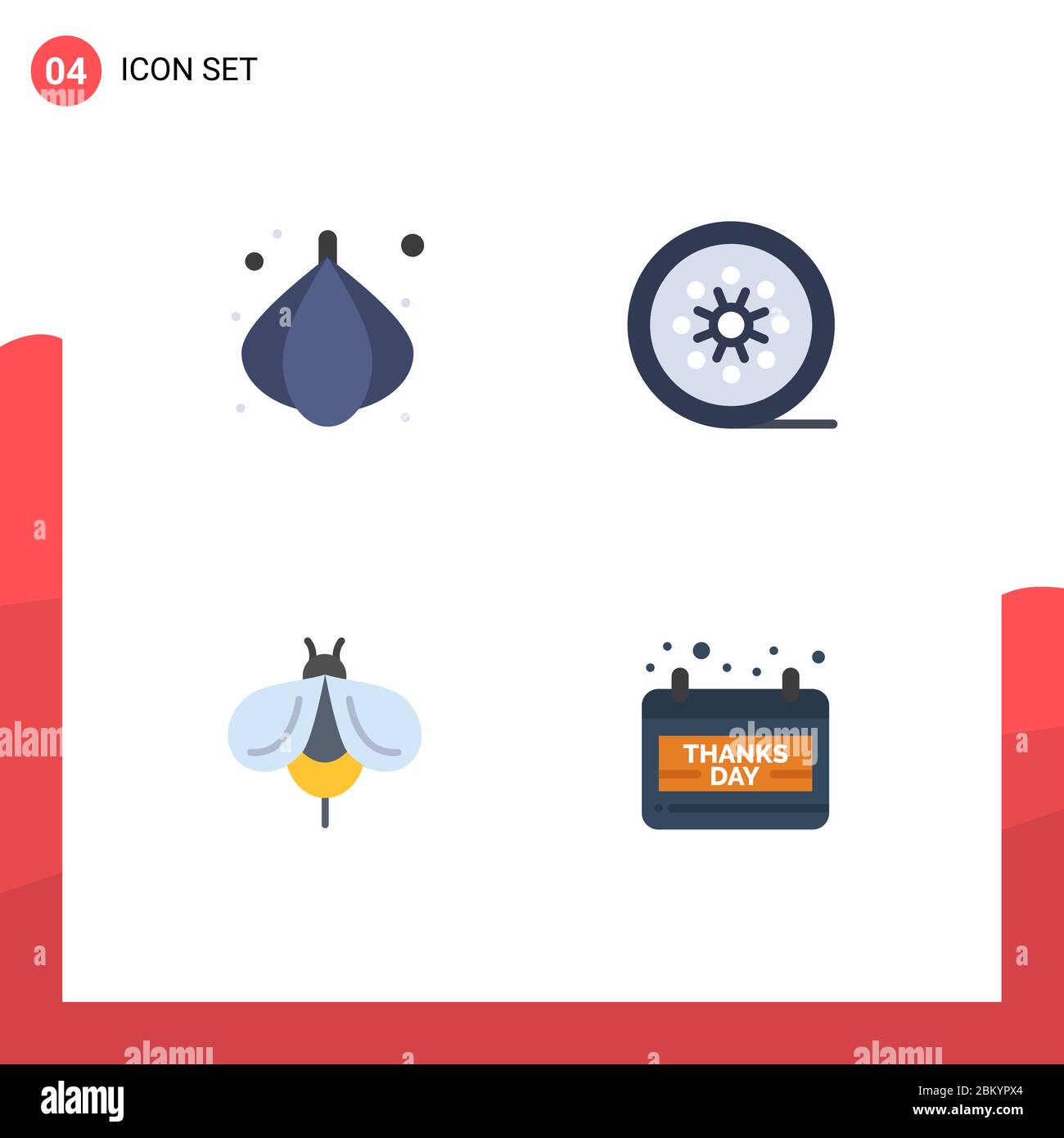4 Universal Flat Icons Set for Web and Mobile Applications food, fly, black film, tape reel, bug Editable Vector Design Elements Stock Vector