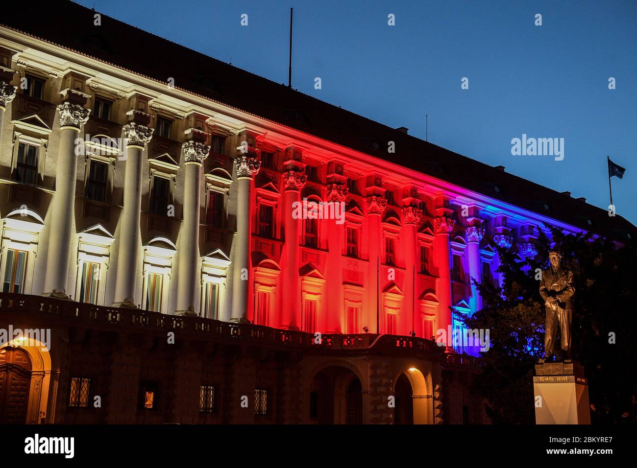 Prague, Czech Republic. 05th May, 2020. The Cernin palace, the seat of the Foreign Ministry, shines in colours within the across-the-world gesture 'Giving Tuesday' of homage to the generosity and good deeds reacting to the coronavirus pandemic, in Prague, Czech Republic, on May 5, 2020. Credit: Michal Kamaryt/CTK Photo/Alamy Live News Stock Photo