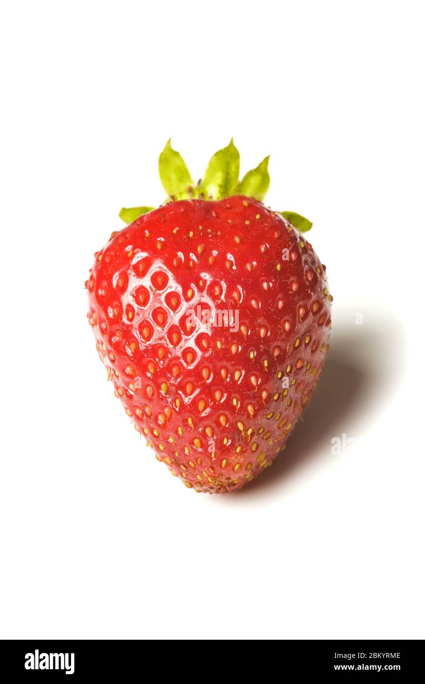 Fresh ripe red strawberry with green leaves on white background with ...