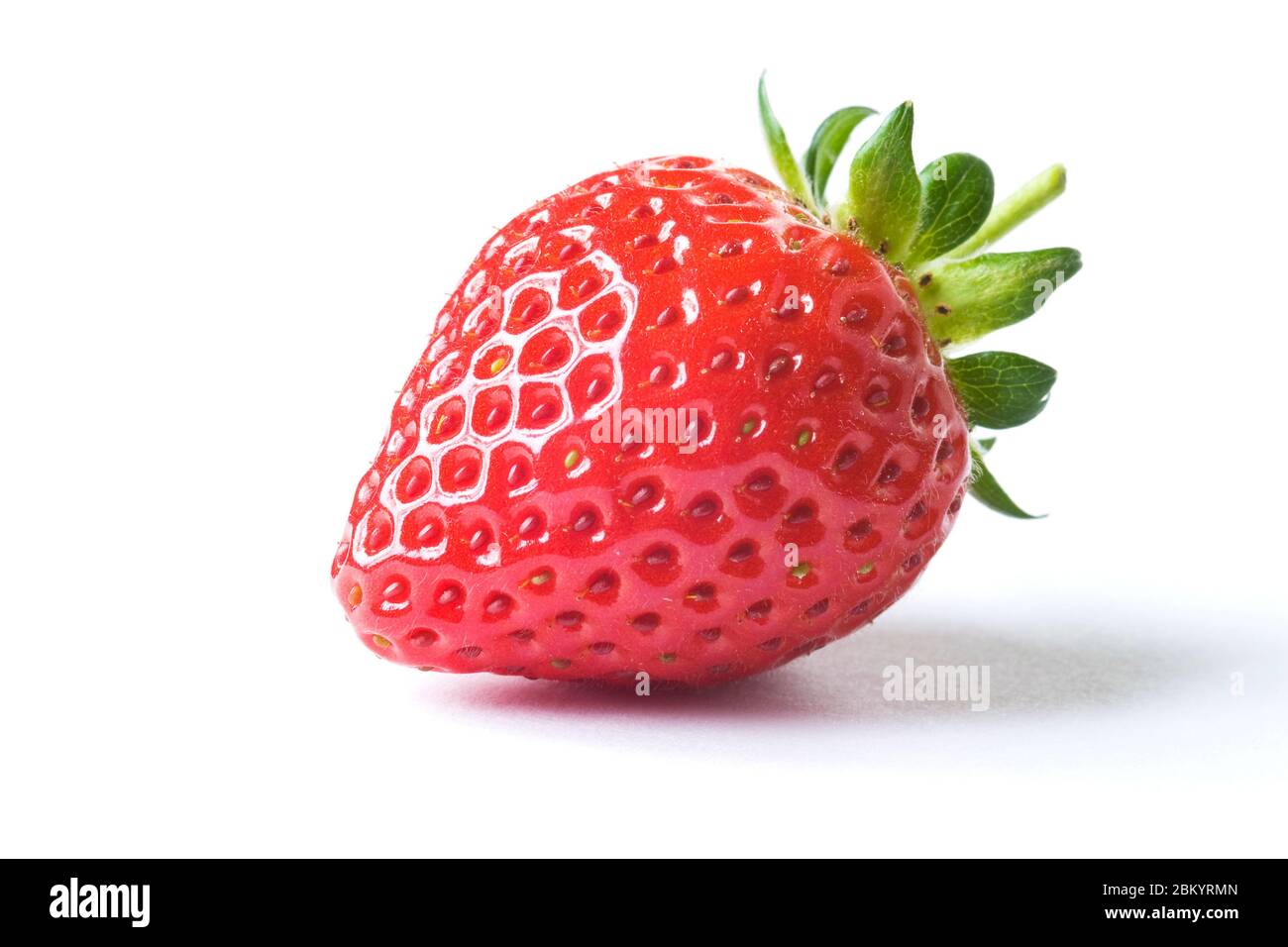 Fresh ripe red strawberry with green leaves on white background with ...