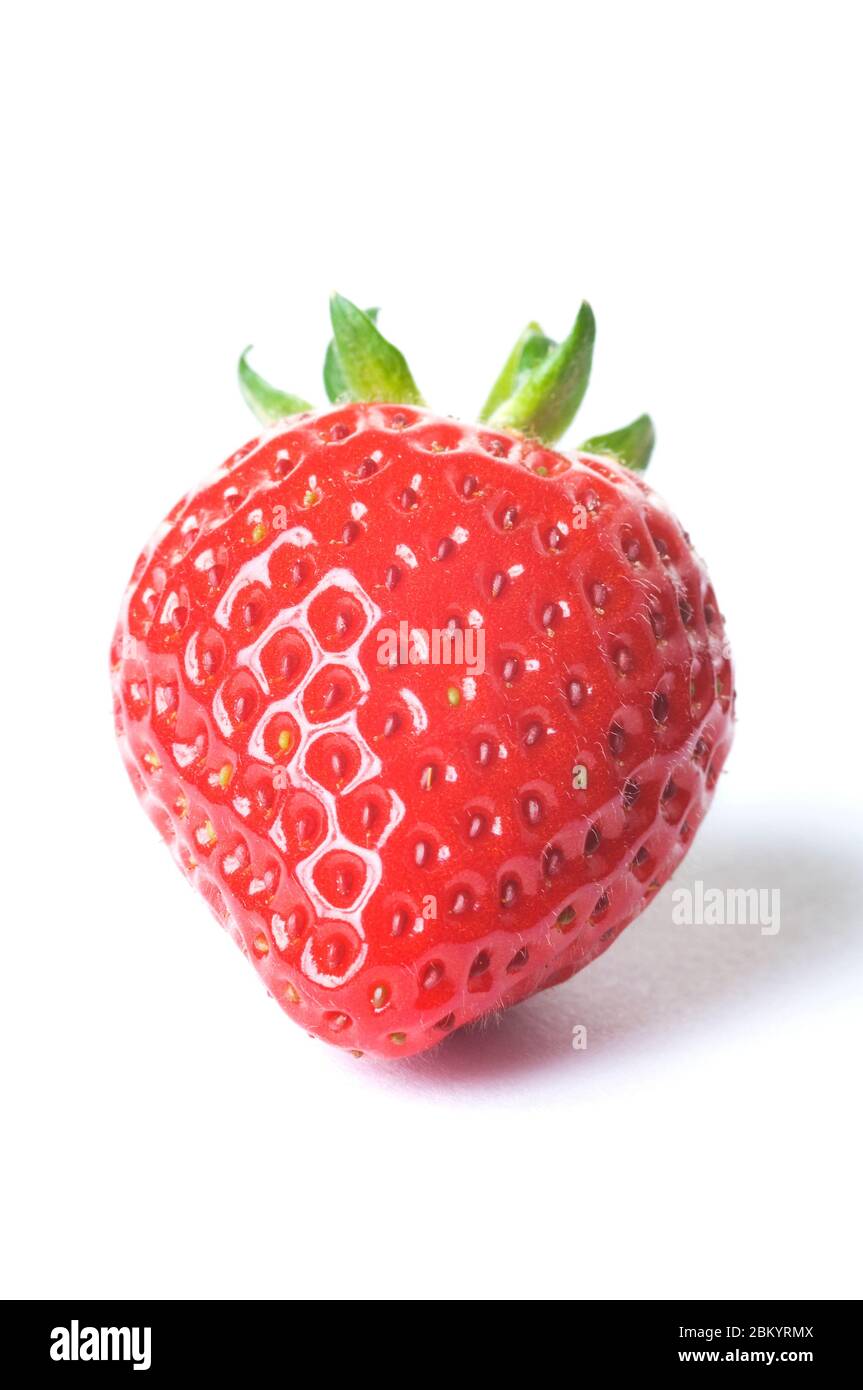 Fresh ripe red strawberry with green leaves on white background with ...