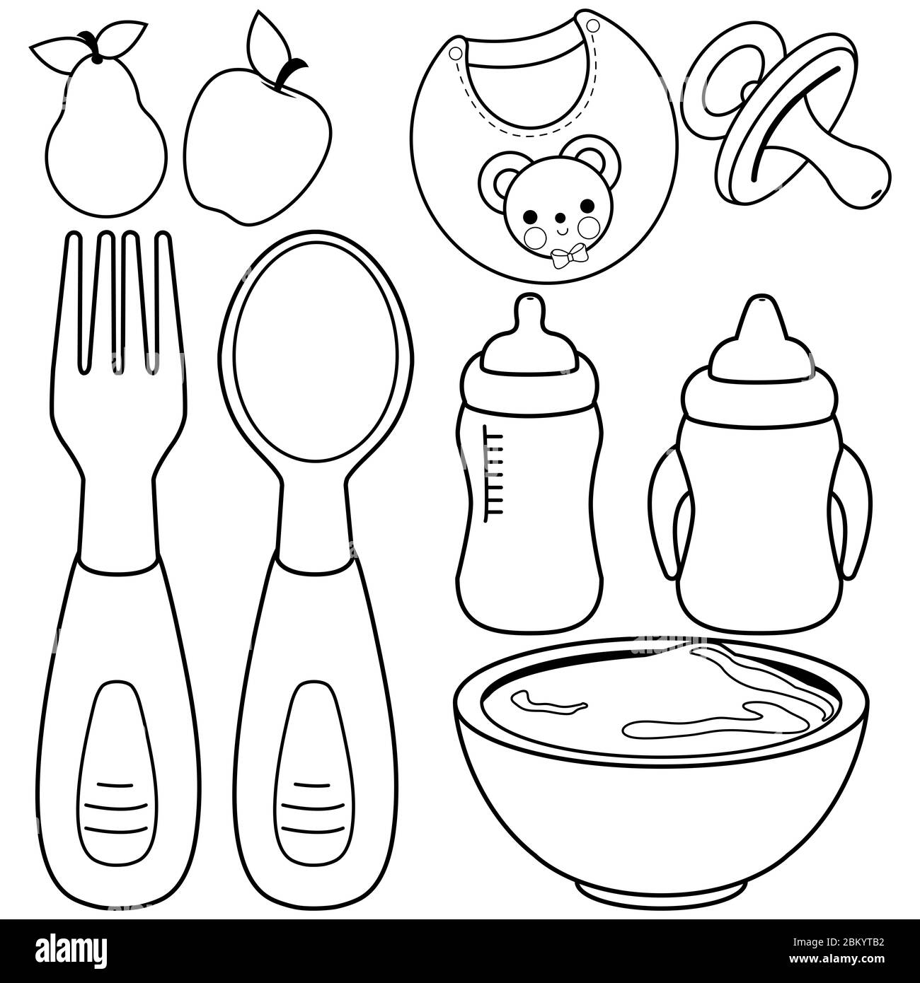 Baby food tableware set. Black and white coloring book page Stock Photo